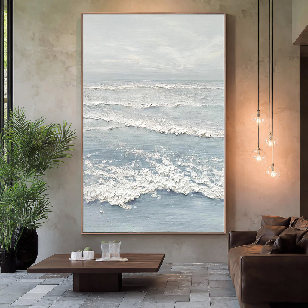 Ocean Mist – Hand-Painted Pale Blue 3D Impasto Wave Seascape Painting | Coastal Modern Living Room & Bedroom Art