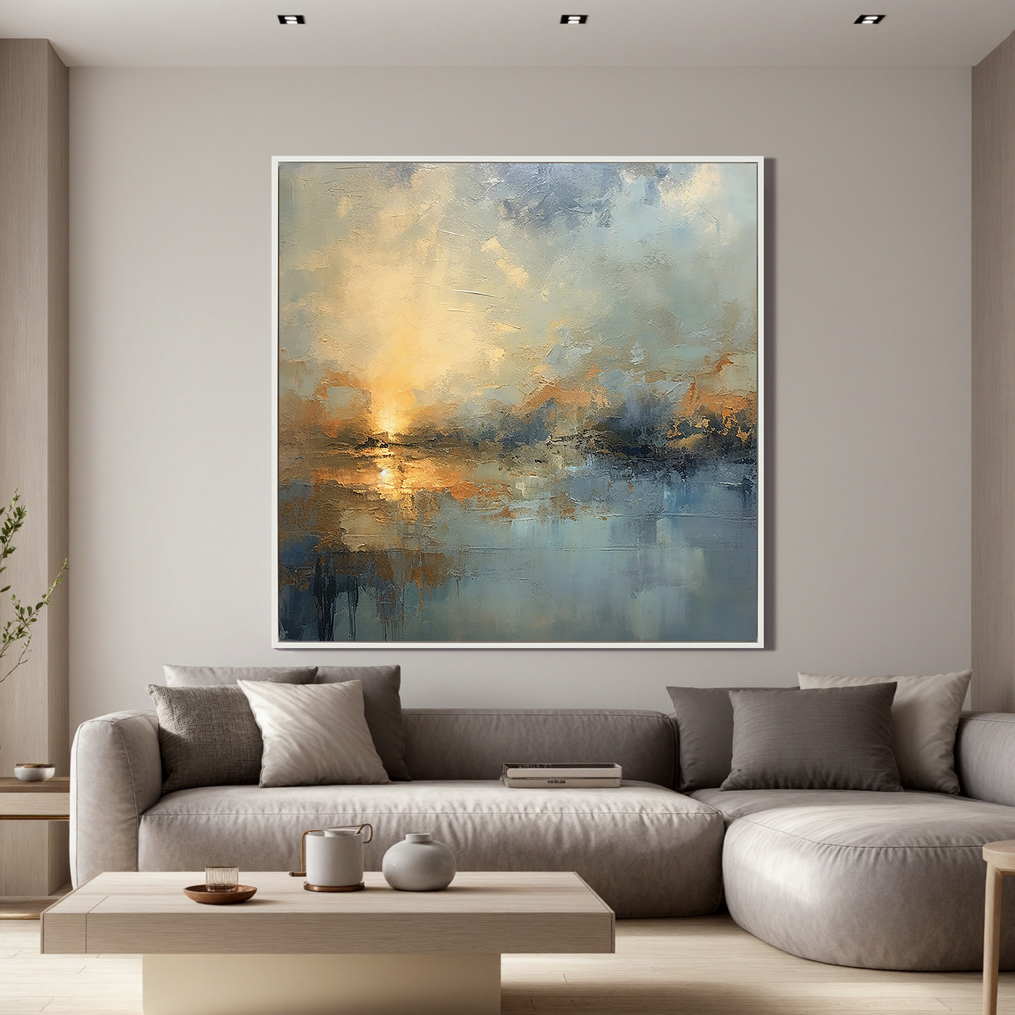 Dawn of Serenity – Modern Impressionist Blue & Gold Painting | Abstract Landscape Dining Room Art