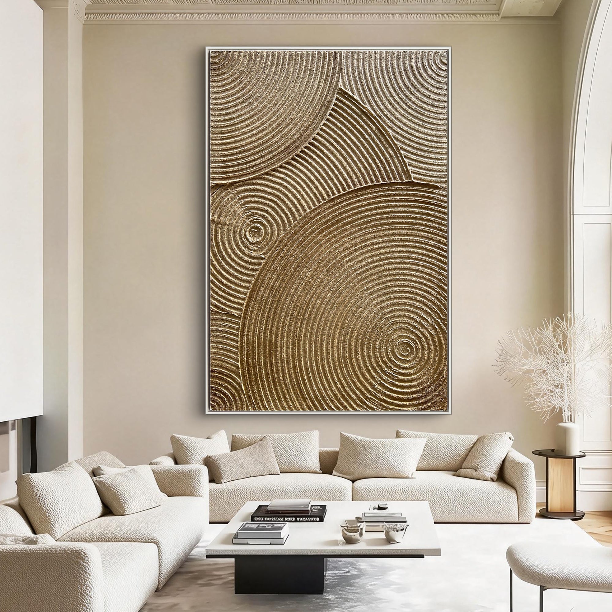 Ripples of Time – Wabi-Sabi Warm Gold Concentric Line Art | Modern Textured Living Room Art