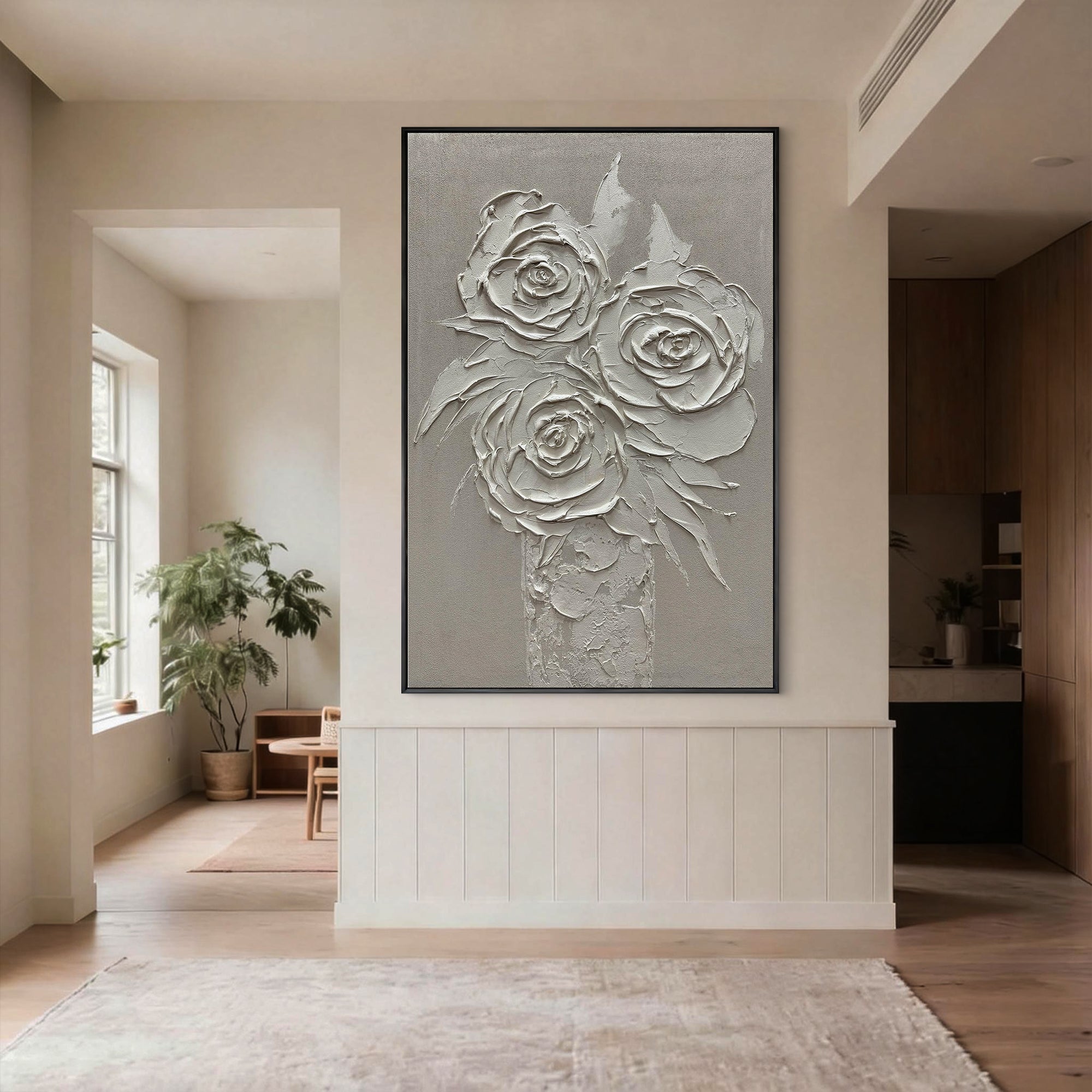 Ethereal Vase – Modern Floral Still Life Relief Texture Painting | Contemporary Botanical Bedroom & Living Room Art
