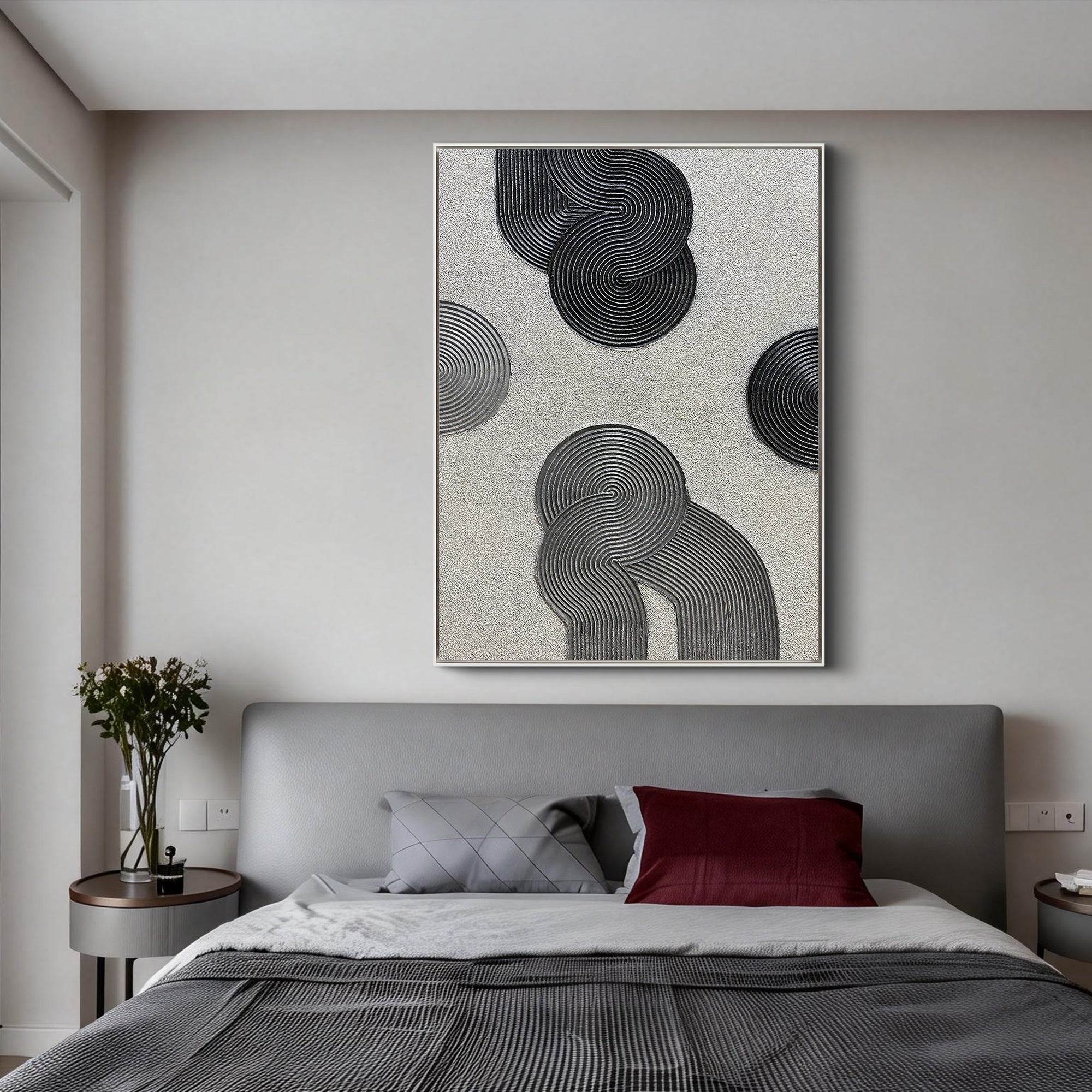 Cosmic Balance – Minimalist Black & Gray 3D Linear Geometric Art | Modern Textured Living Room Art