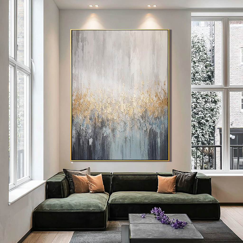 Golden Mist – Hand-Painted Grey and Gold Foil Abstract Plaster Effect Wabi-Sabi Painting | Japandi Wabi-Sabi Living Room & Bedroom Art