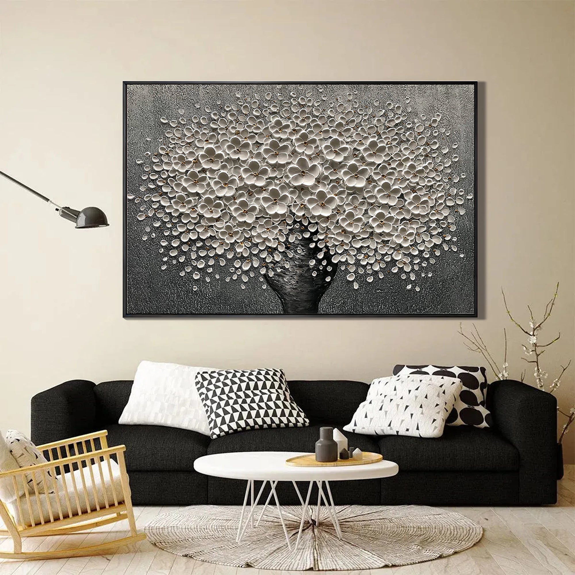 Stellar Abundance – Modern Heavy Impasto Floral Vase Painting | Luxury Horizontal Living Room Art