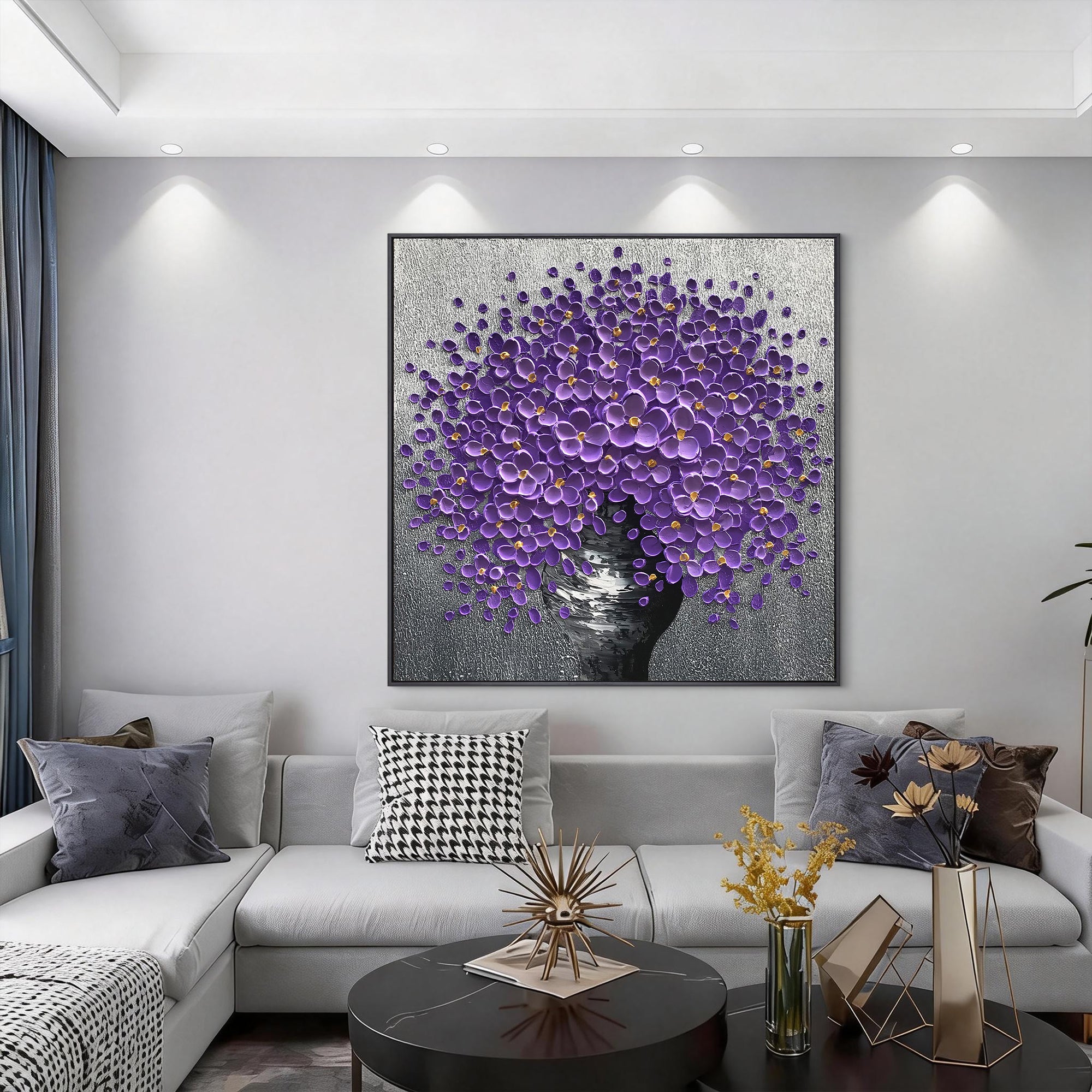 Violet Sphere – Modern Floral Bouquet Relief Floral Painting | Contemporary Botanical Bedroom & Living Room Art