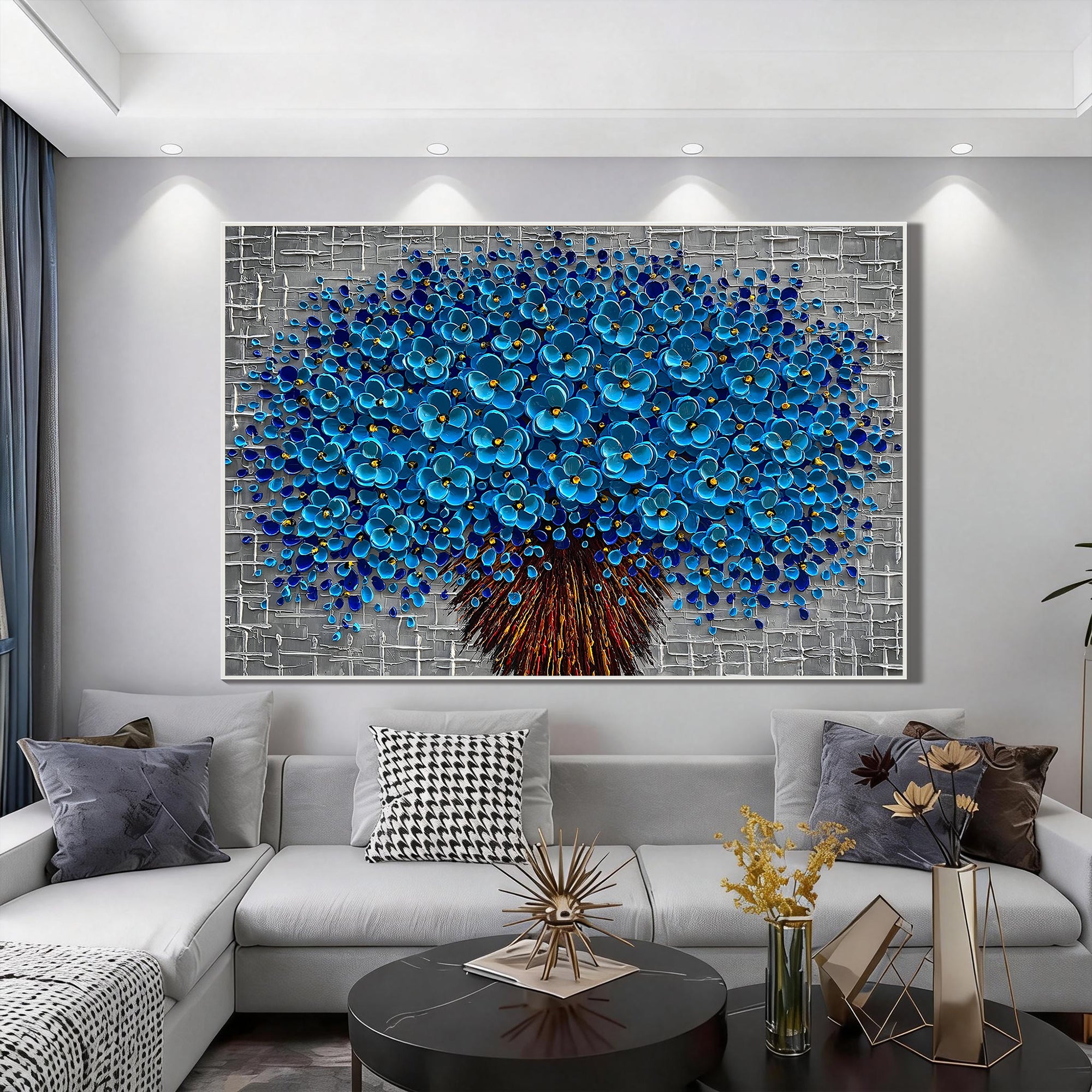 Cerulean Bloom – Modern Floral Relief Floral Painting | Contemporary Botanical Bedroom & Living Room Art