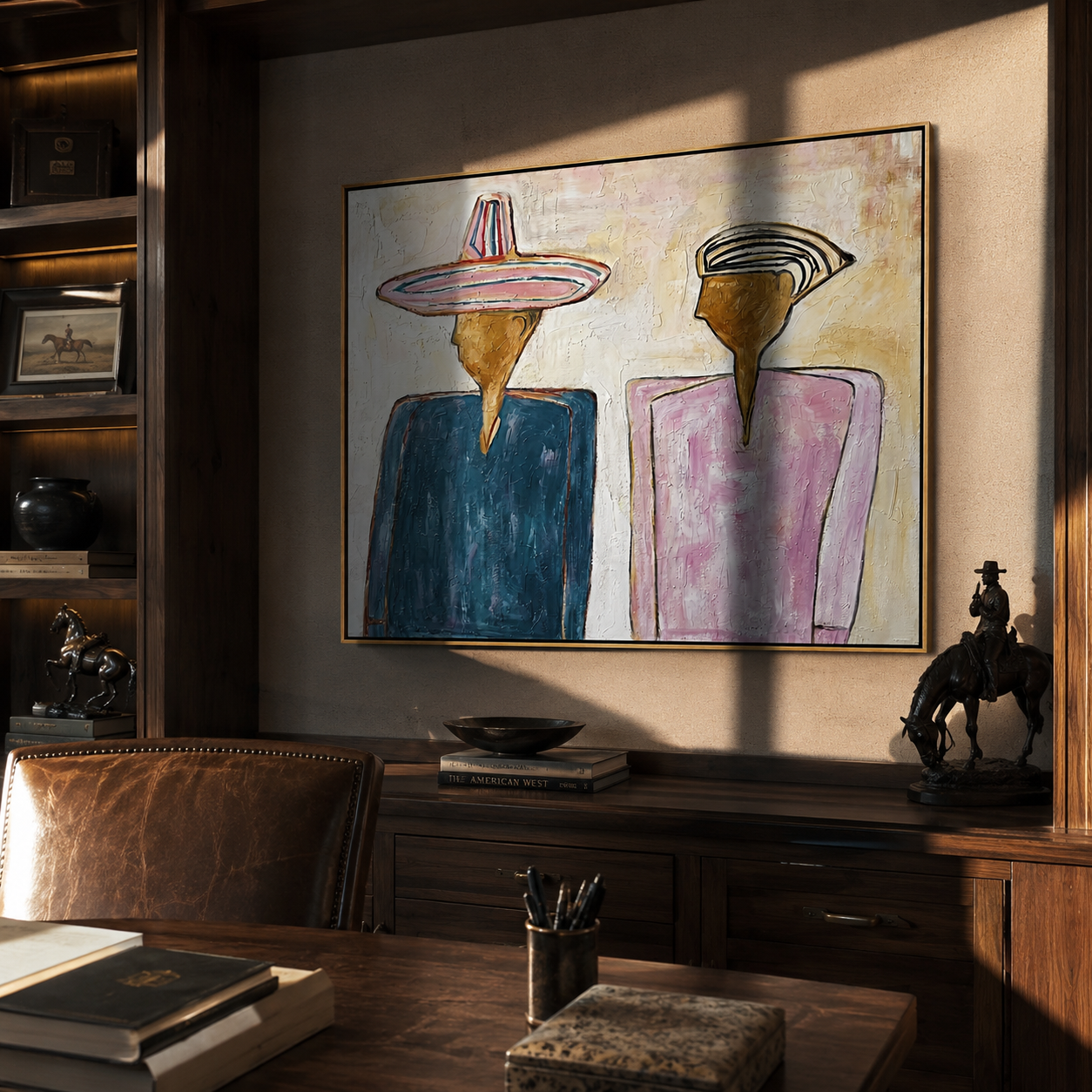 Two Silhouettes Hold Space – Blue Pink Figures Painting | Modern Figurative Horizontal Wall Art