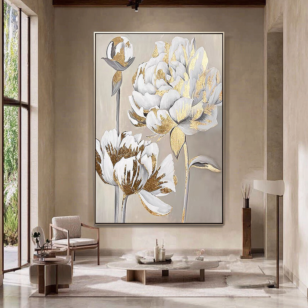 GOLDEN PEONY: Floral Wall Art, Hand-Painted Off-White and Gold Foil 3D Relief Plaster Effect Gallery Art