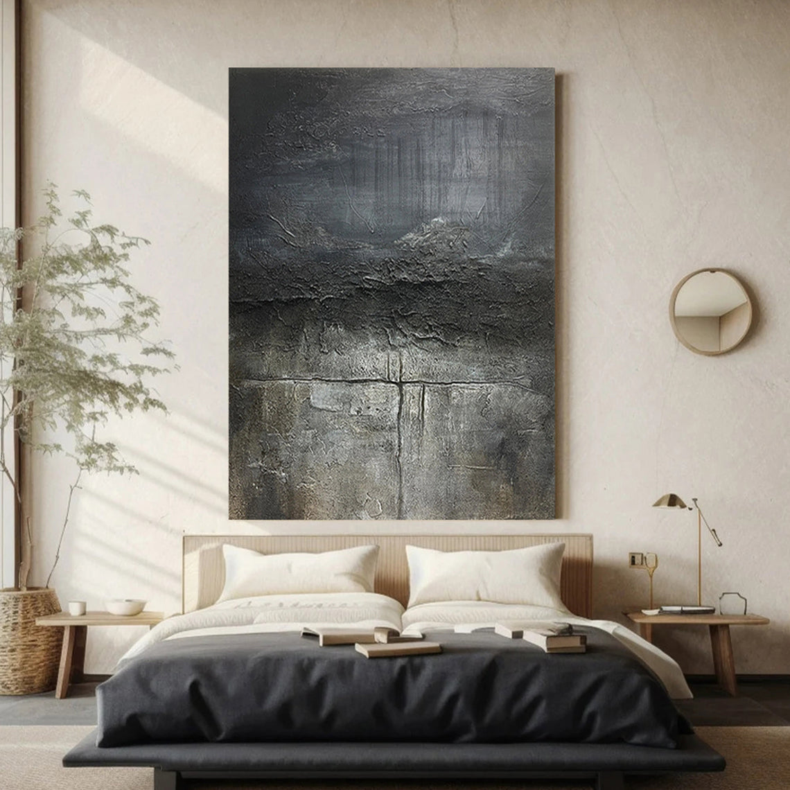 Earthen Crust – Hand-Painted Dark Grey Volcanic Texture Plaster Relief Wabi-Sabi Painting | Japandi Wabi-Sabi Living Room & Bedroom Art