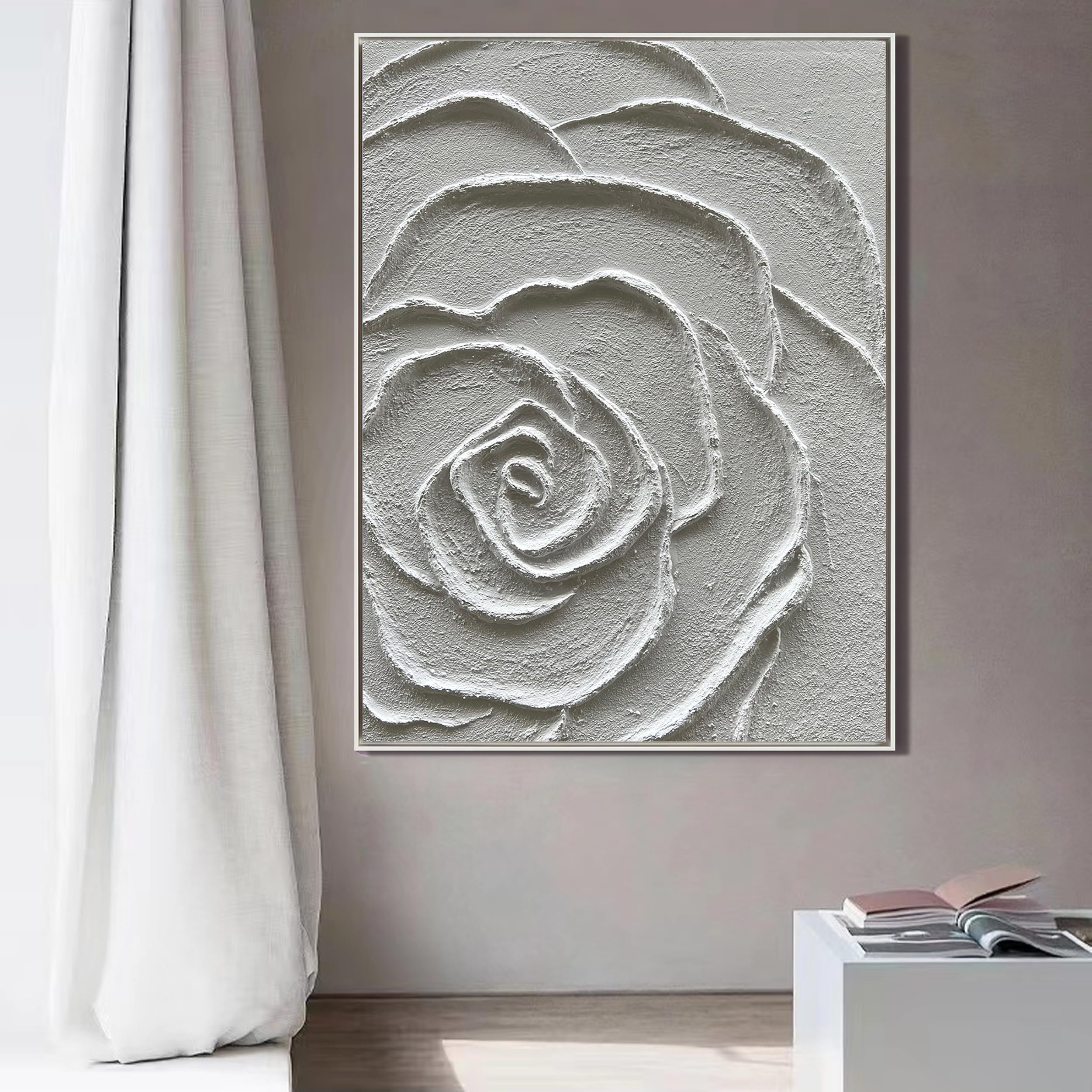 Petal Sculpture – 3D White Rose Relief Minimalist Painting | Contemporary Botanical Bedroom & Living Room Art