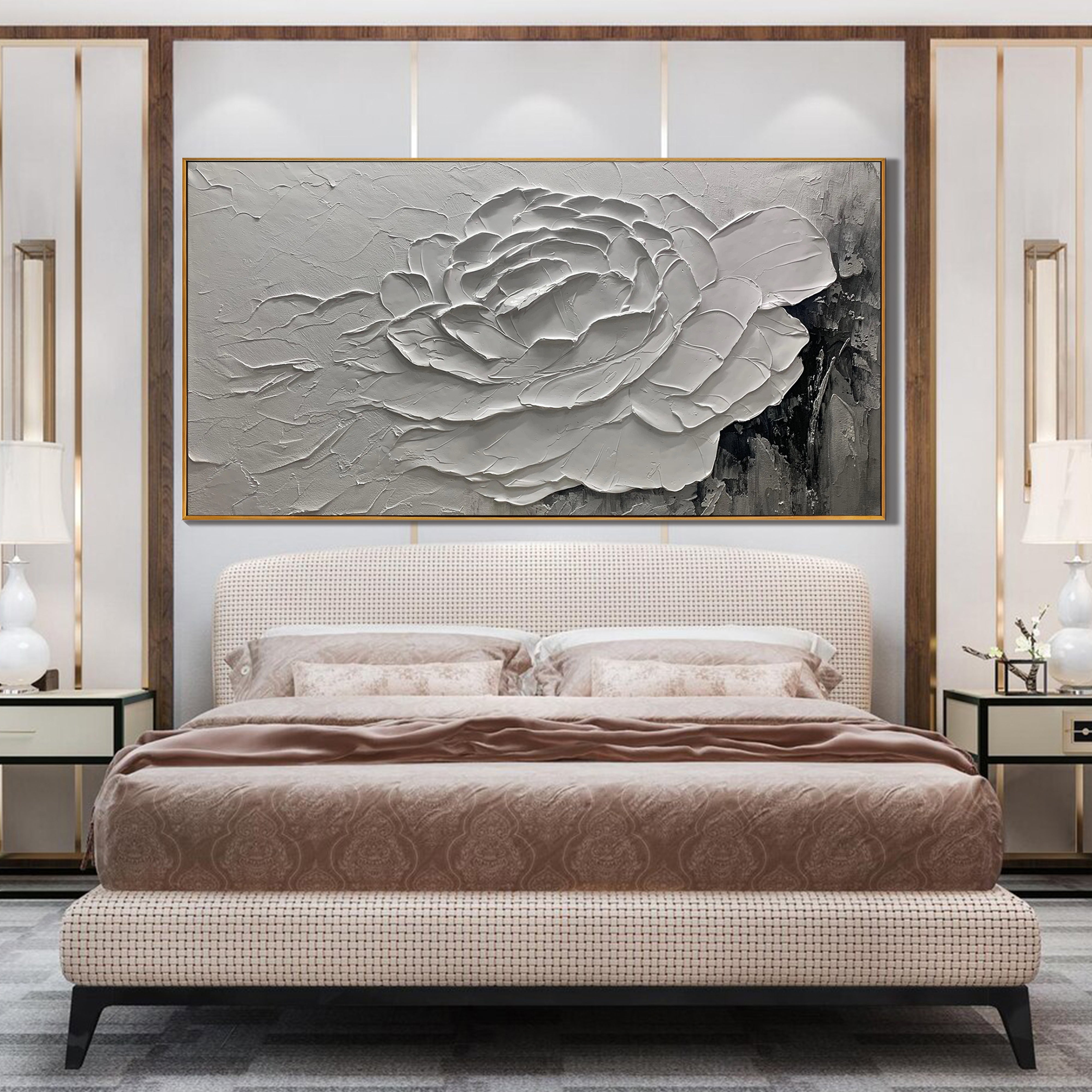 SCULPTED BLOOM: Floral Wall Art, Hand-Painted Horizontal Grey and White 3D Relief Plaster Effect Heavy Texture Studio Art