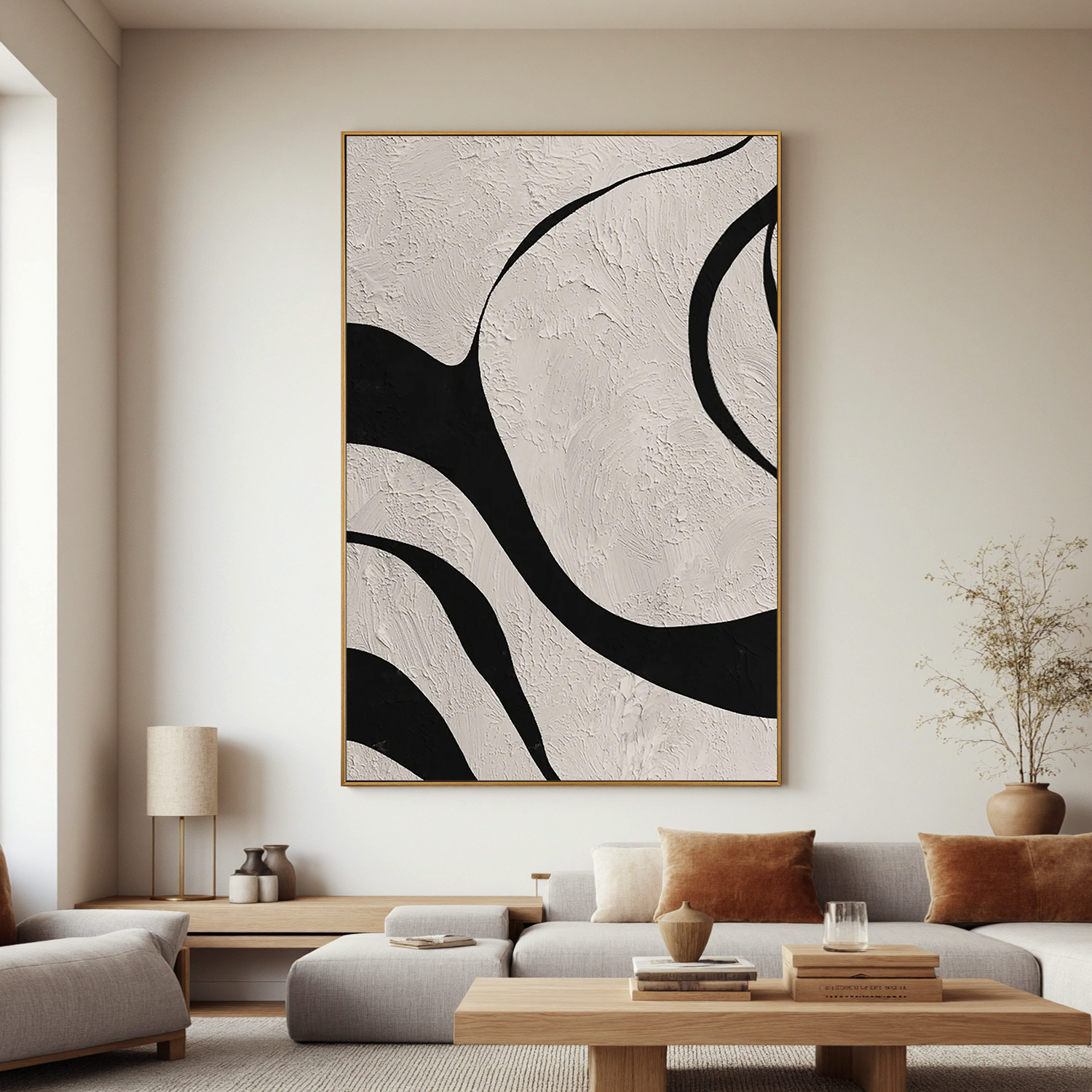 Mono Flow – Hand-Painted Black and White Bold Curve Abstract Minimalist Painting | Bold Minimalist Bedroom & Home Office Art