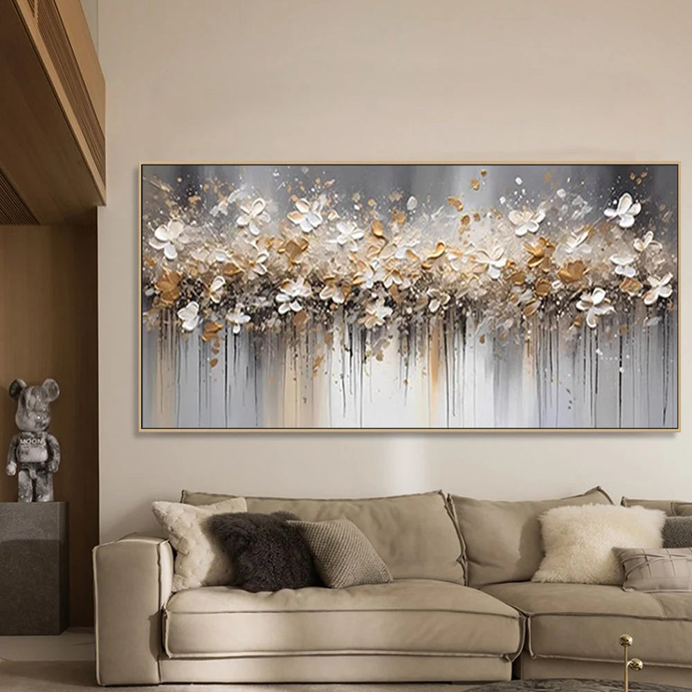 GOLDEN ELEGANCE: Floral Wall Art, luxury Gold Foil White Blossom Hand-Painted Textured Gallery Art