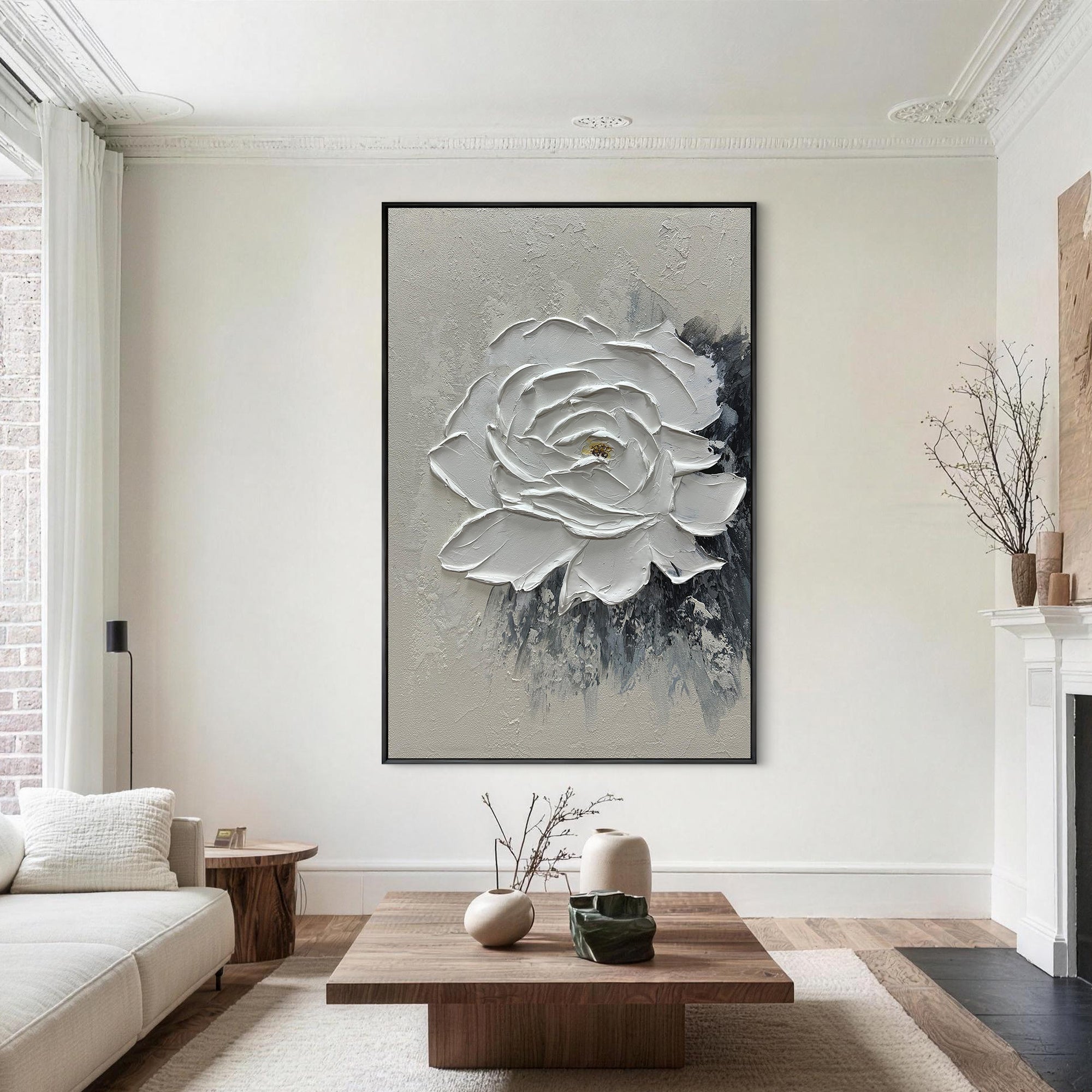 VANILLA SCULPT: 3D Heavy Texture White Rose Wall Art, Modern Plaster Relief Floral Painting