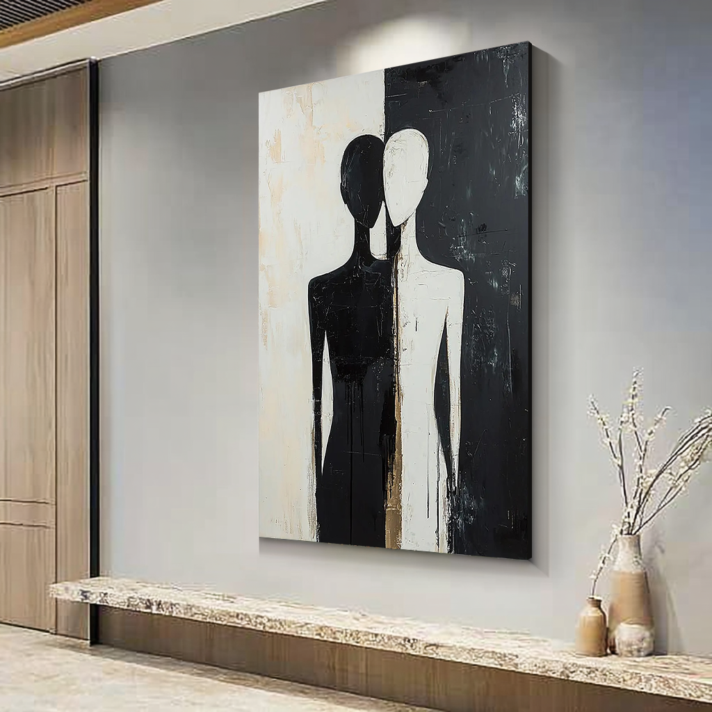 Dual Souls – Minimalist Black & White Abstract Figures Art | Modern Luxury Living Room Art