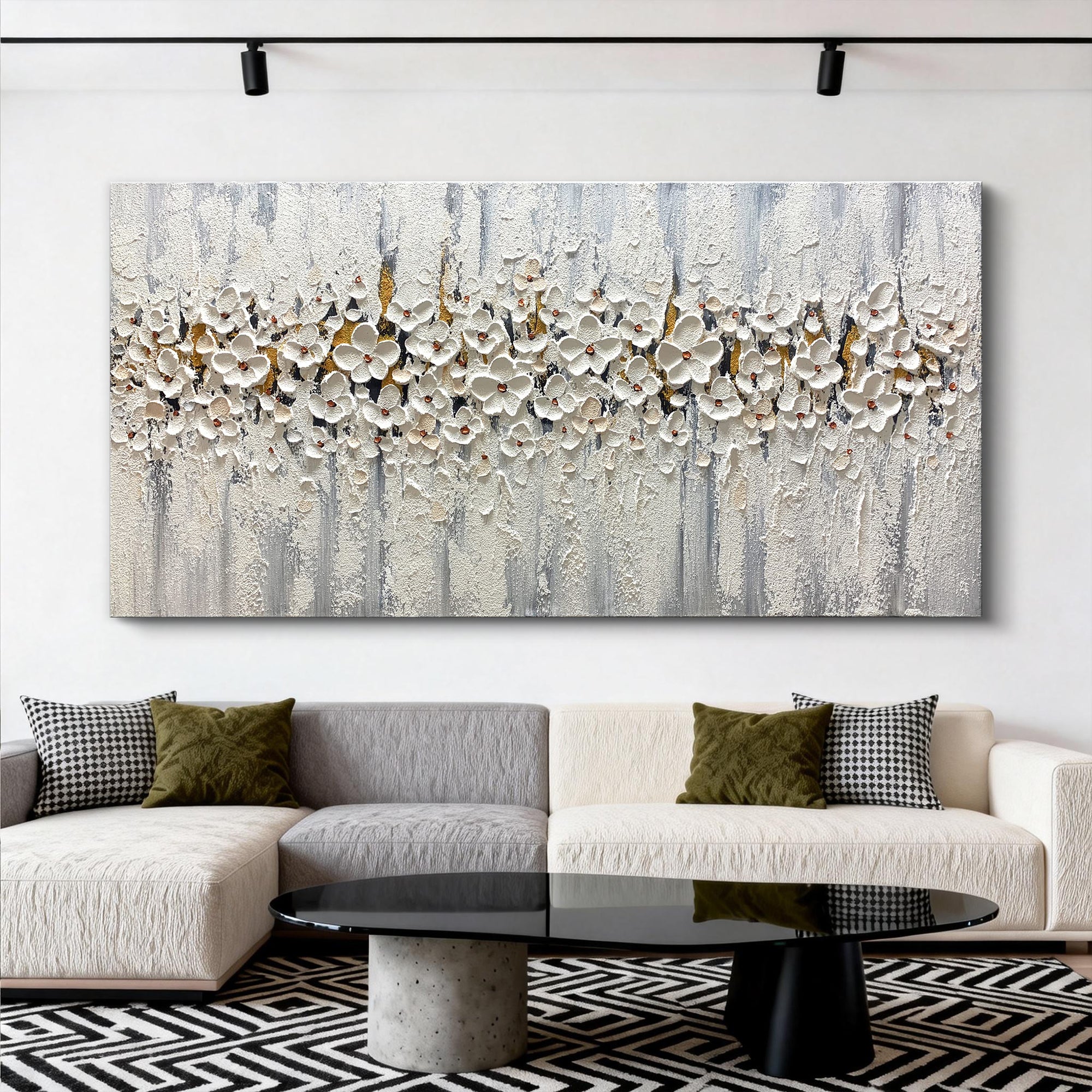 White Night Symphony – Modern Heavy Impasto White Flowers Painting | Luxury Panoramic Living Room Art