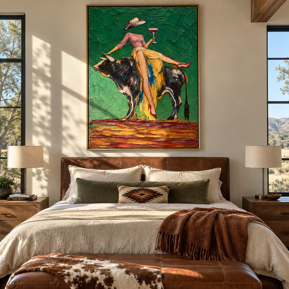 The Rodeo Toast – Vintage Americana Abstract Cowgirl & Bull Painting | Bold Western Living Room Wall Art