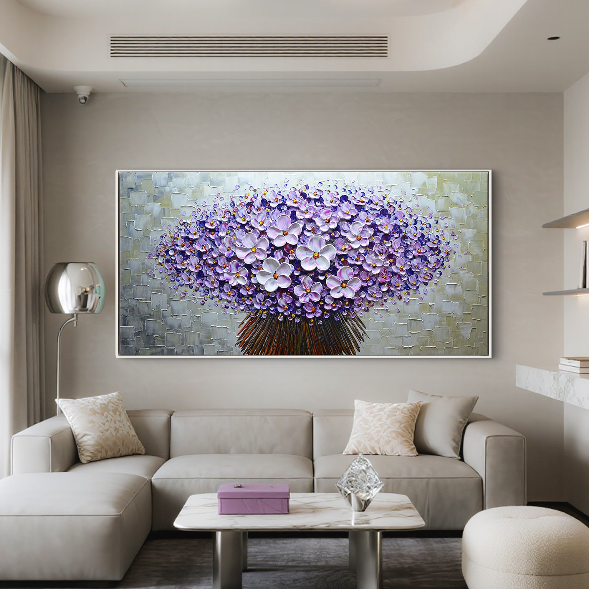 VIOLET BLOOM: Panoramic 3D Heavy Texture Floral Wall Art, Purple Flower Tree Relief Painting