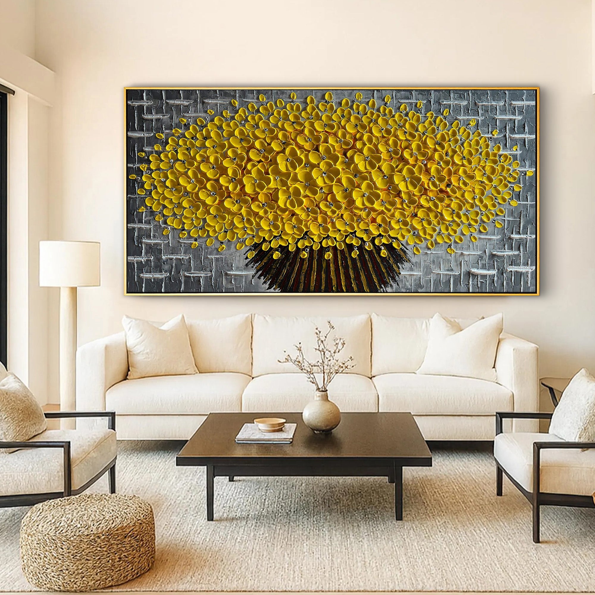 Golden Glow – Luxury Yellow Flower Tree Relief Floral Painting | Modern Luxury Botanical Bedroom & Living Room Art