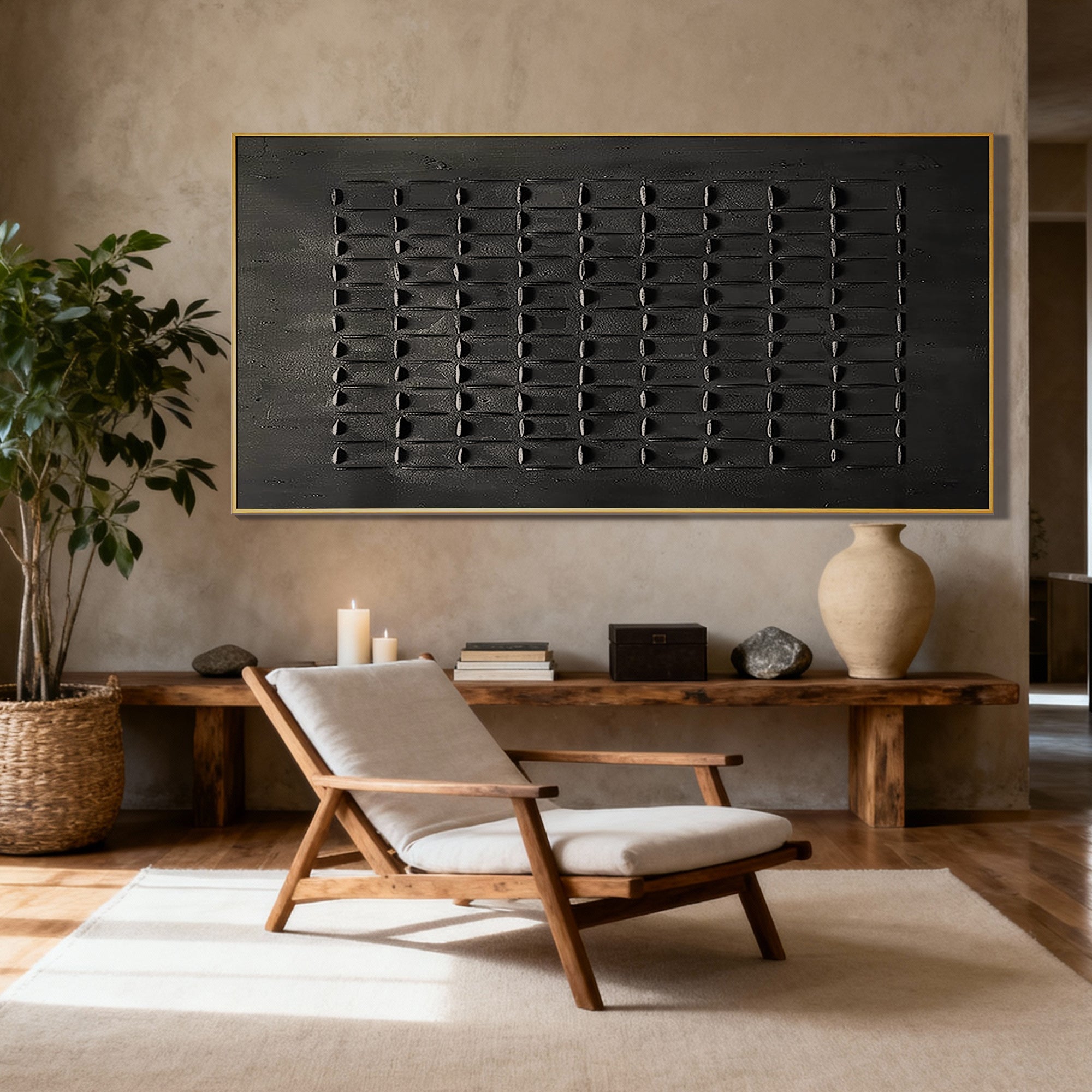 The Dark Matrix – All Black Minimalist 3D Textured Relief Art | Wabi-Sabi Horizontal Home Office Art