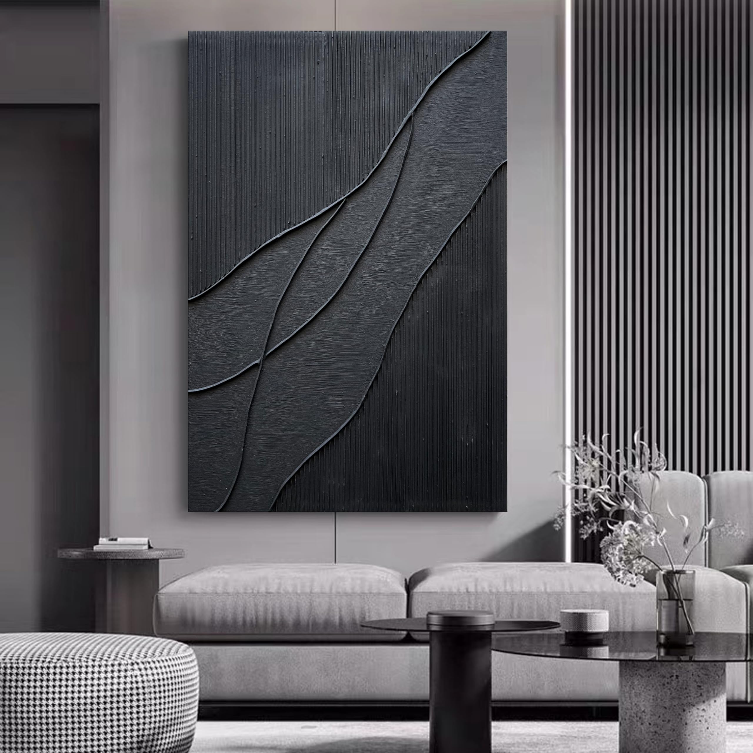 Midnight Flow – Minimalist Black Wave Relief Texture Painting | Modern Minimalist Bedroom & Home Office Art