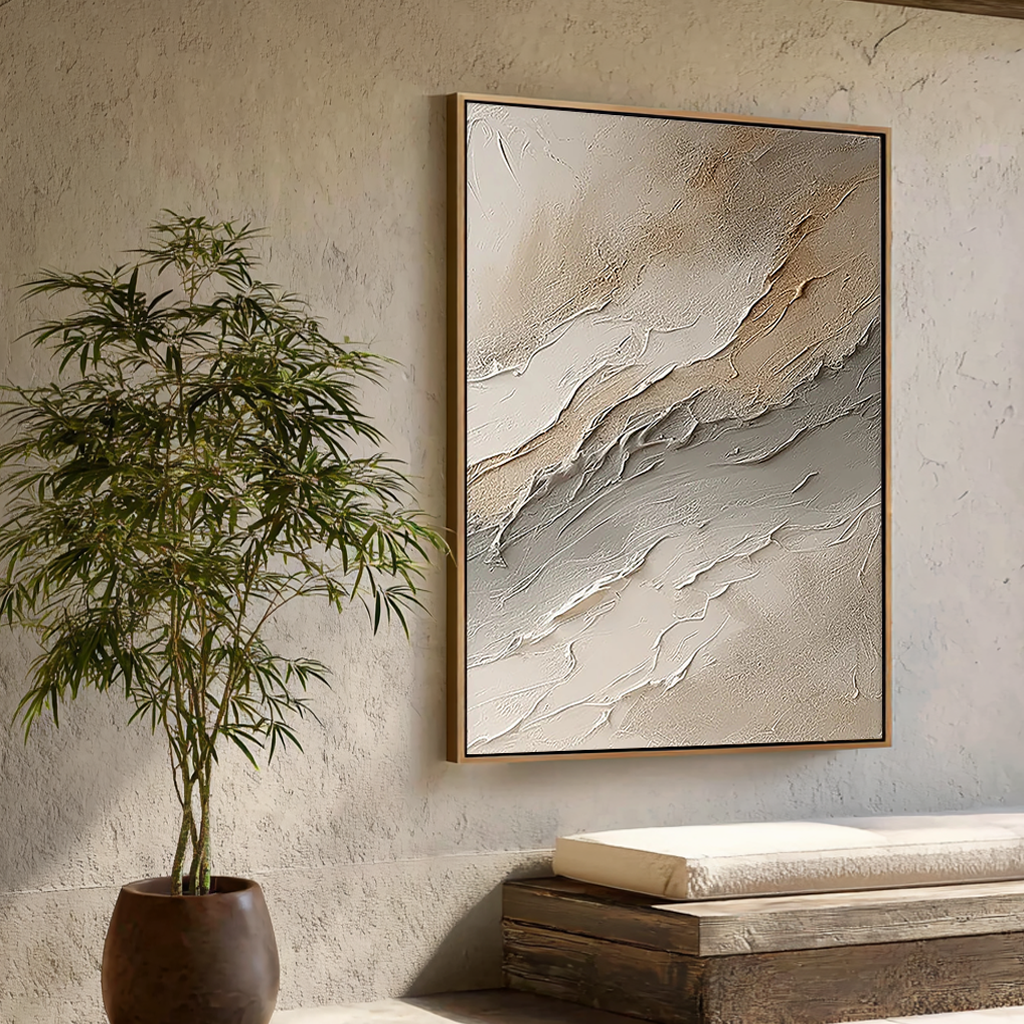 Earthen Rhythm – Hand-Painted Neutral Beige Plaster Effect Layered Texture Painting | Japandi Organic Wabi-Sabi Living Room & Hallway Art