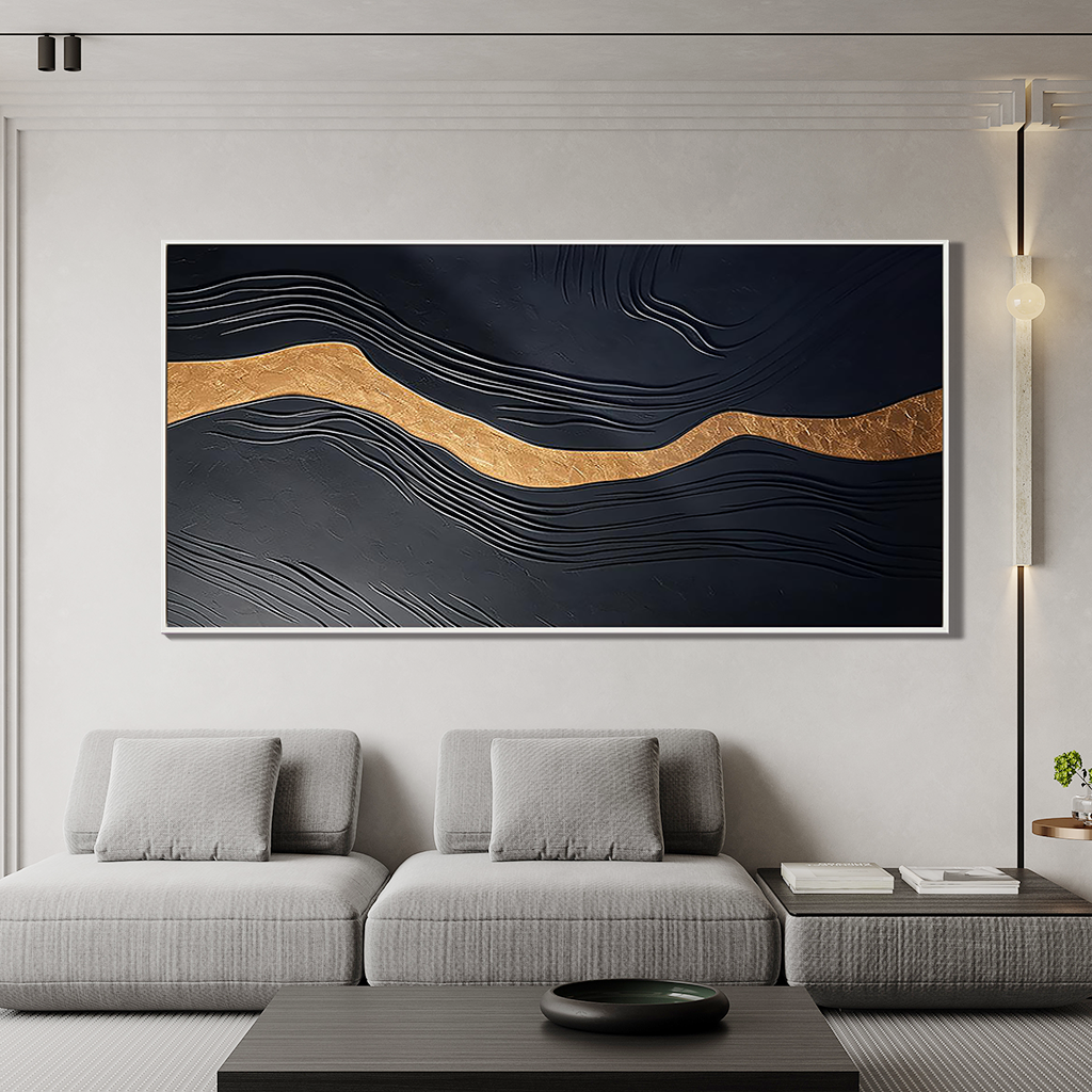 GOLDEN VEIN: Abstract Wall Art, Hand-Painted Dark Grey and Gold Foil Modern Luxury Textured Gallery Art
