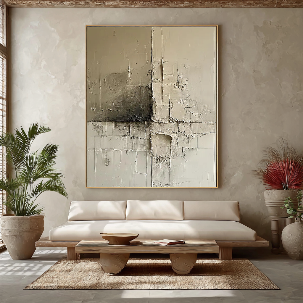 Ancient Trace – Hand-Painted Neutral Beige and Grey Plaster Effect Relief Texture Painting | Japandi Organic Texture Living Room & Bedroom Art