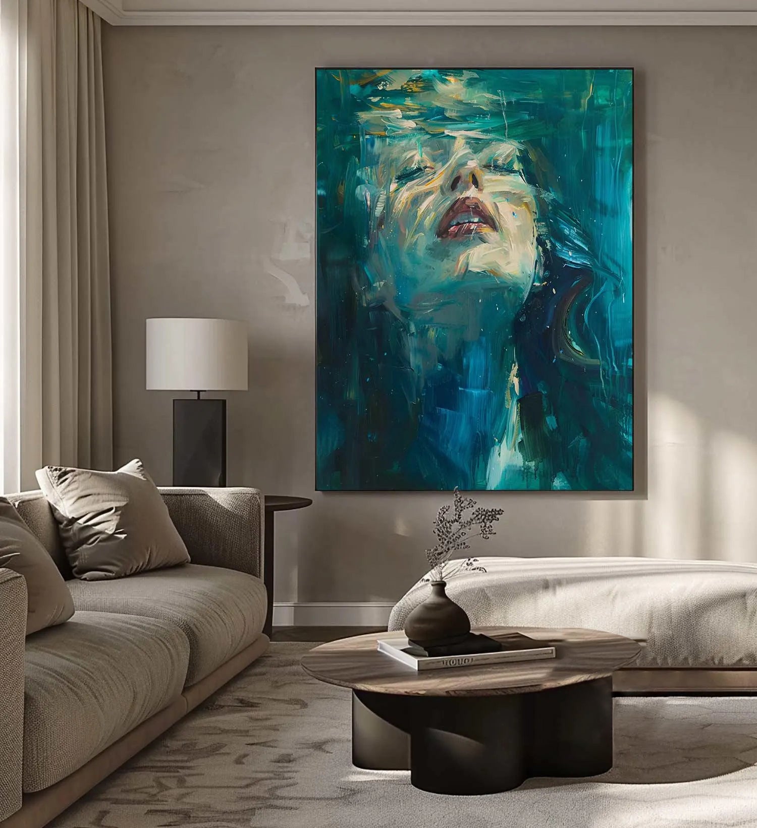 Aquatic Reverie – Hand-Painted Underwater Woman Figure Teal Blue Abstract Textured Oil Portrait Painting | Contemporary Expressionist Living Room & Office Art