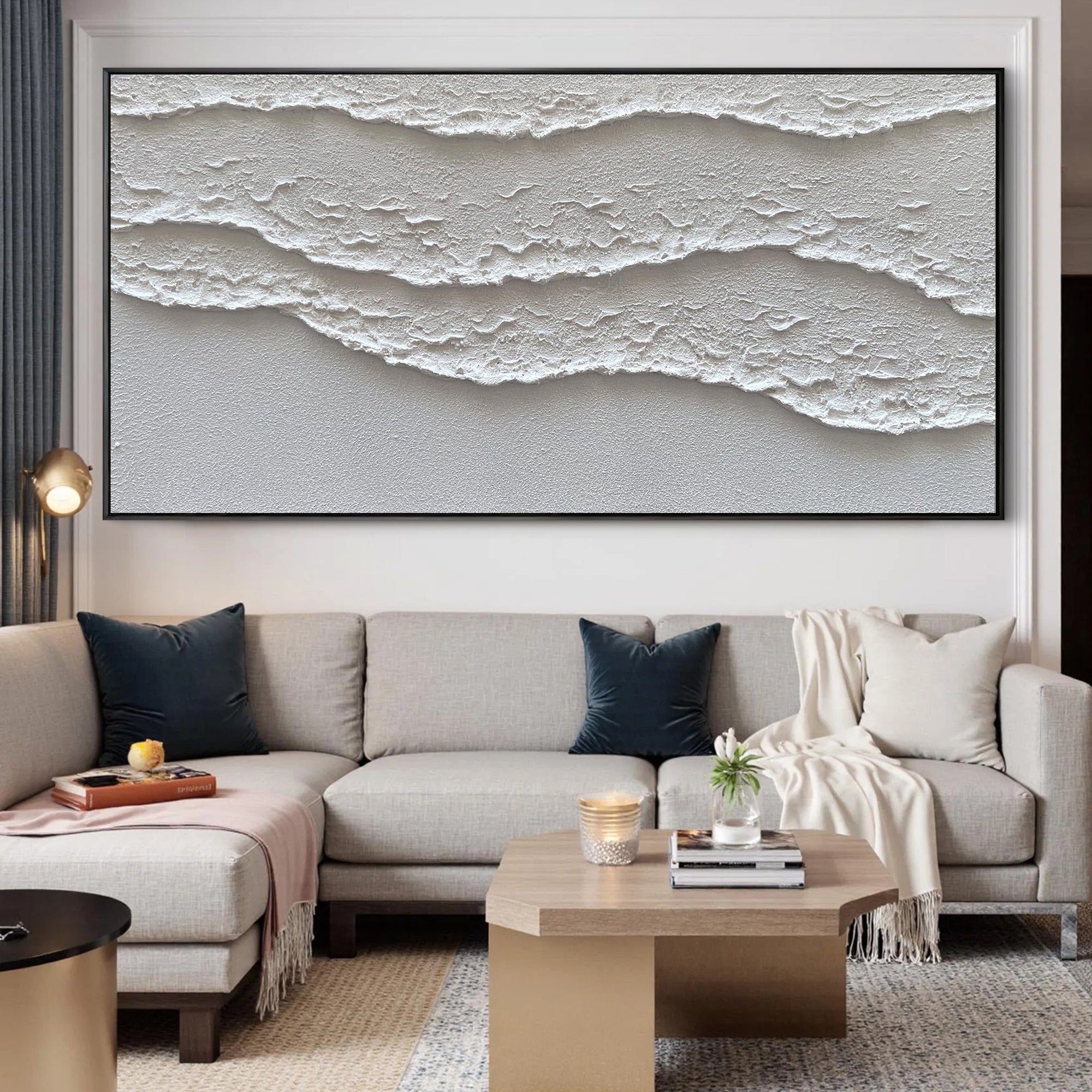 White Crest – 3D Linear Wave Relief Abstract Minimalist Painting | Modern Minimalist Bedroom & Home Office Art