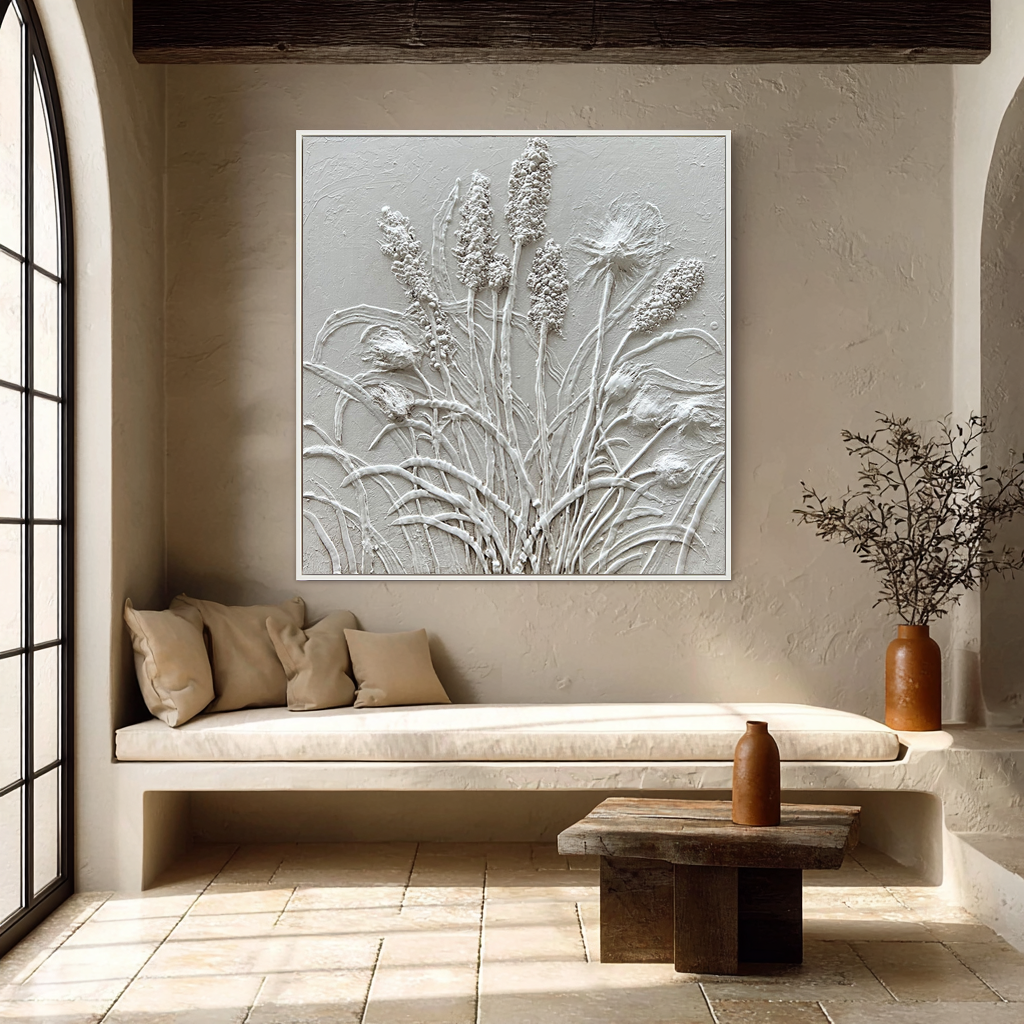 Lavender Breeze – White Plaster Botanical Relief Texture Painting | Contemporary Botanical Bedroom & Living Room Art