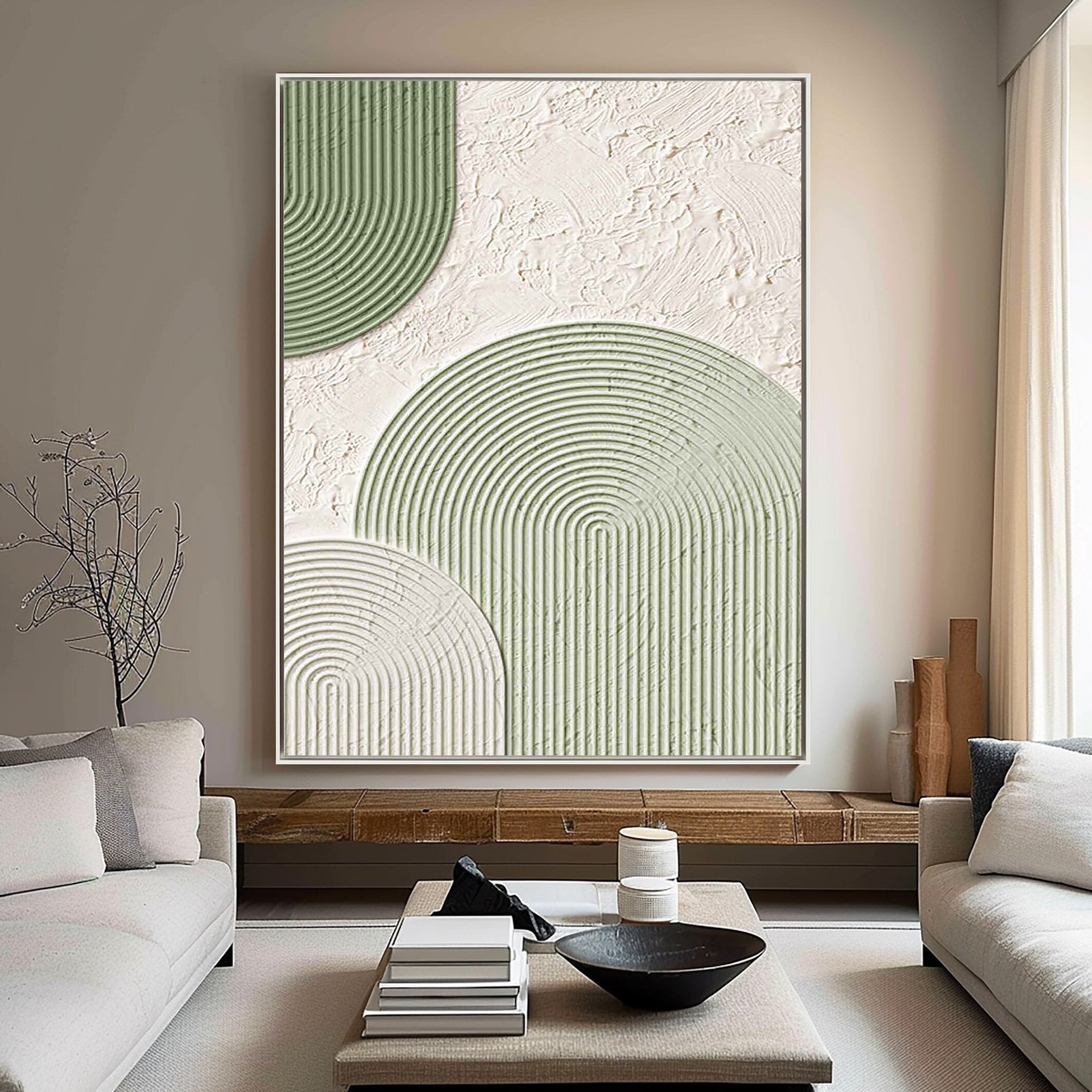ZEN RADIANCE: Wabi-sabi Linear Arch Art, 3D Textured Sage Green Geometric Painting