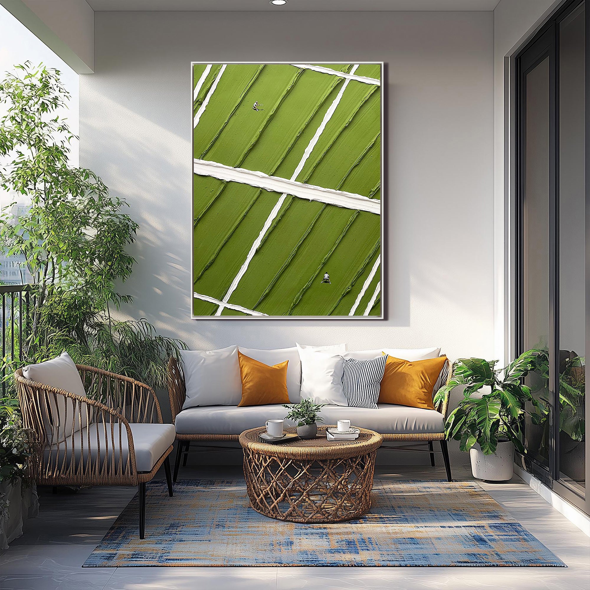 Match Point – Hand-Painted Green Tennis Court Minimalist Athletes Sport Painting | Contemporary Sport Home Office & Living Room Art