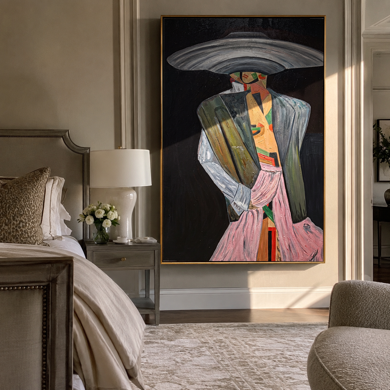 Silver Brim Takes Stage – Gray Fashion Figure Painting | Retro Modern Vertical Wall Art