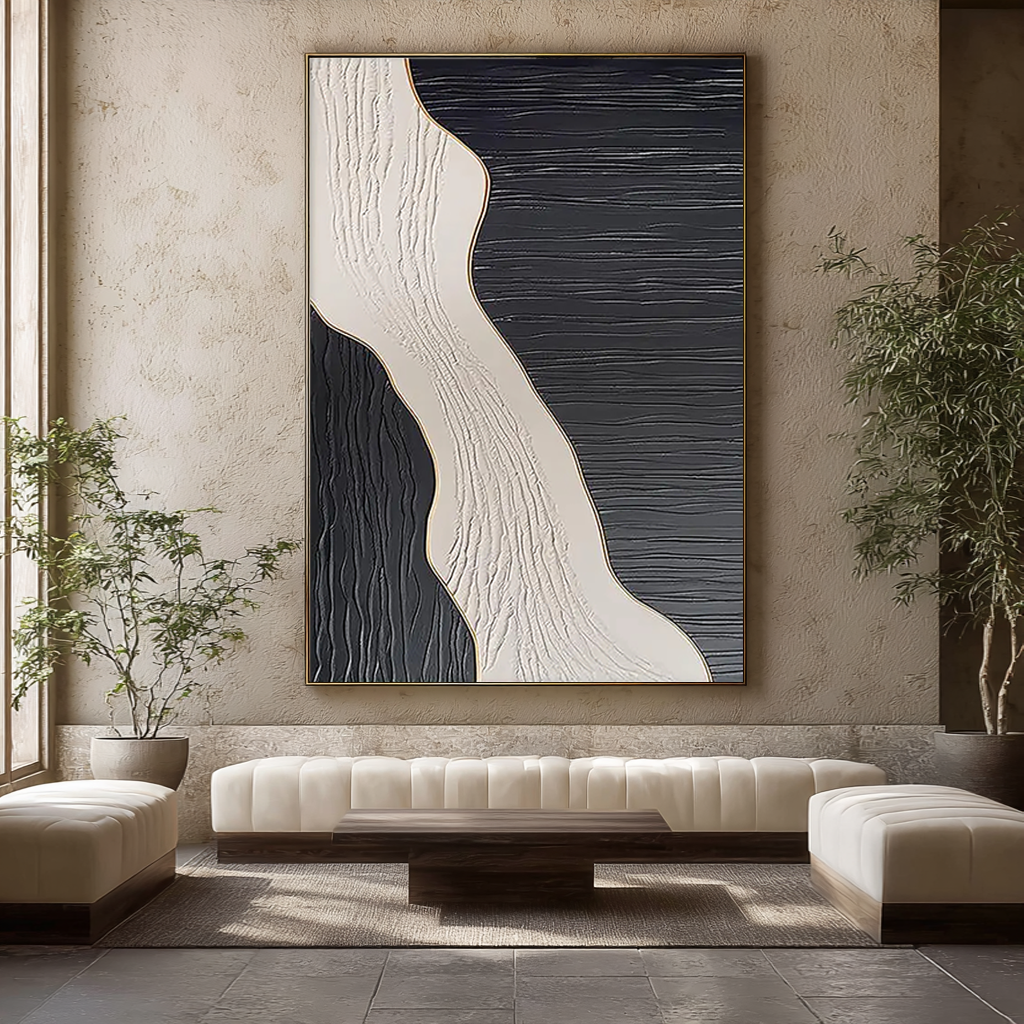 MONOCHROME PULSE: Wabi-sabi Linear Texture Art, Heavy Impasto Black & White Sculptural Painting