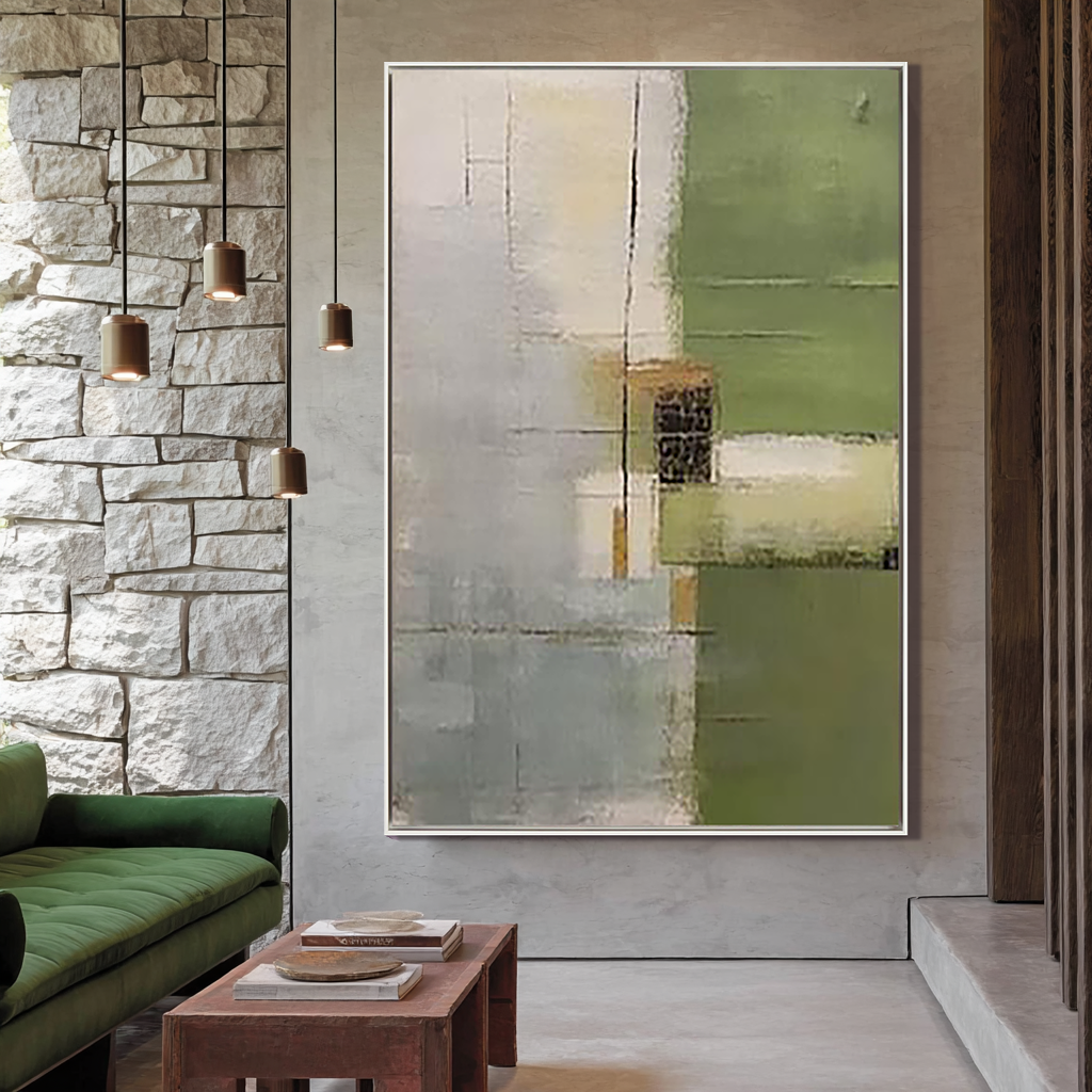Sage Matrix – Earthy Green Textured Oil Wabi-Sabi Painting | Japandi Organic Wabi-Sabi Living Room & Hallway Art