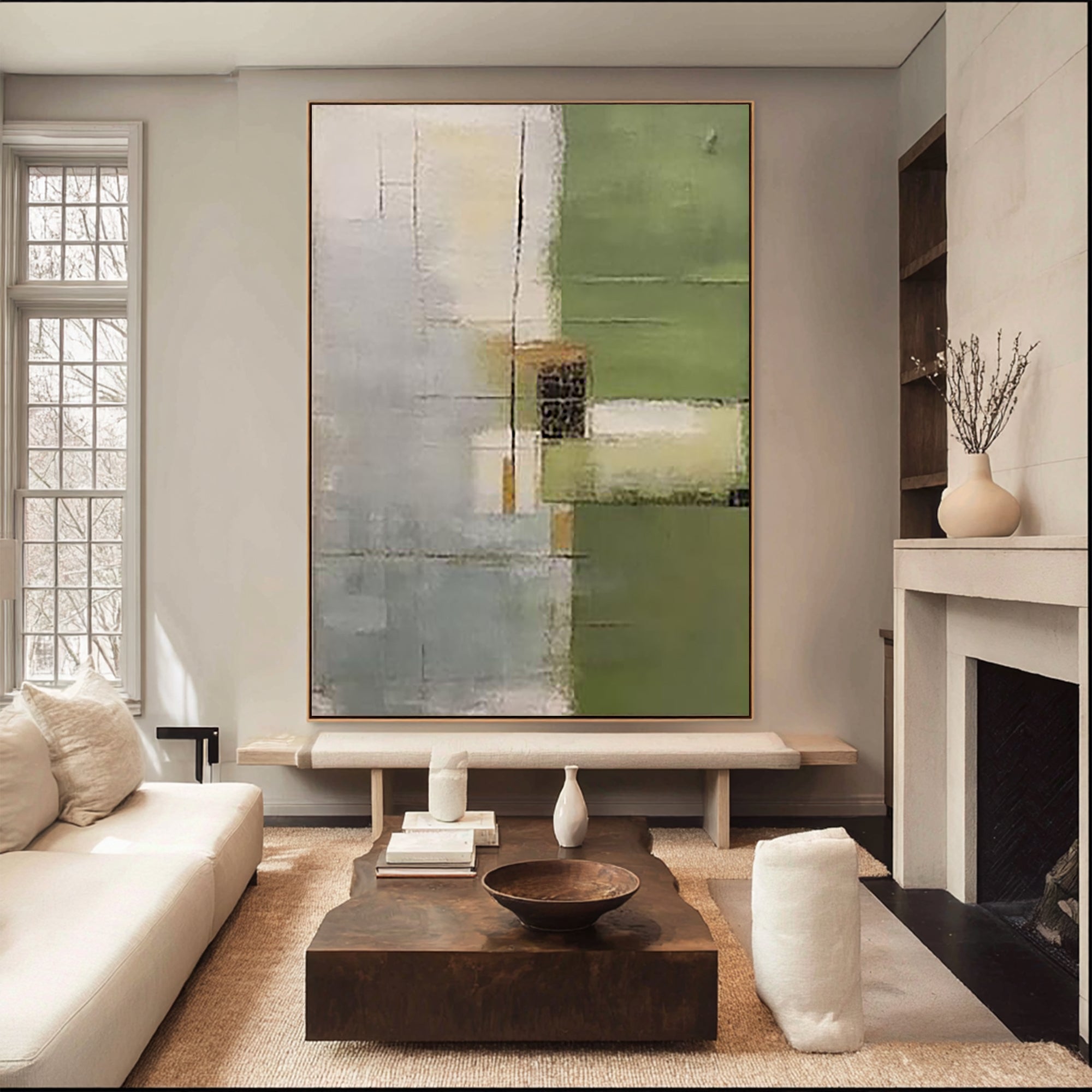 Sage Matrix – Earthy Green Textured Oil Wabi-Sabi Painting | Japandi Organic Wabi-Sabi Living Room & Hallway Art