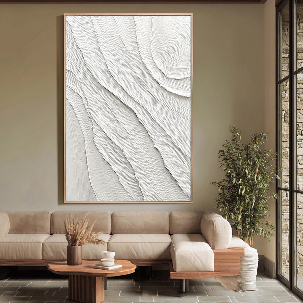 Pure Ripple – Hand-Painted Plaster Effect White Wave Relief Abstract Texture Painting | Modern Abstract Living Room & Office Art