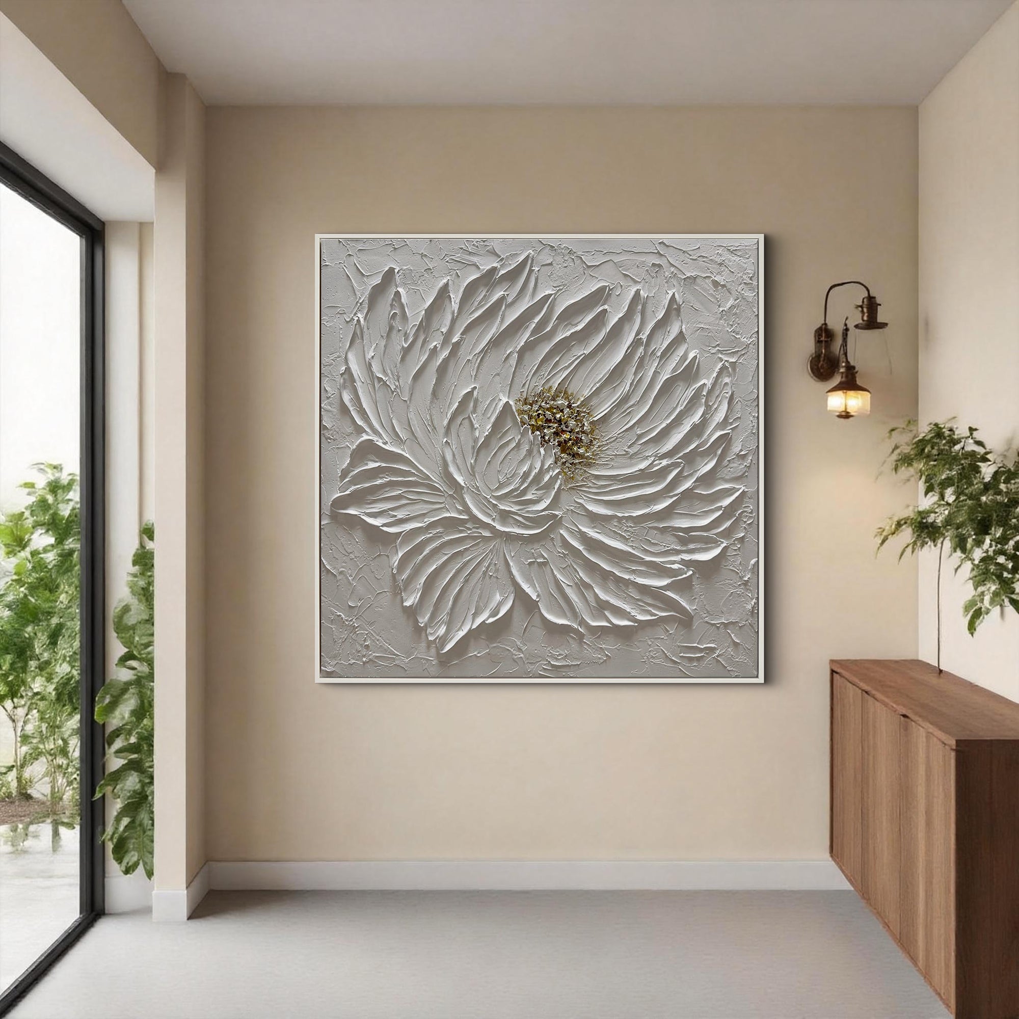 Blossom Elegance – White Flower Relief with Gold Accents Texture Painting | Modern Luxury Botanical Bedroom & Living Room Art
