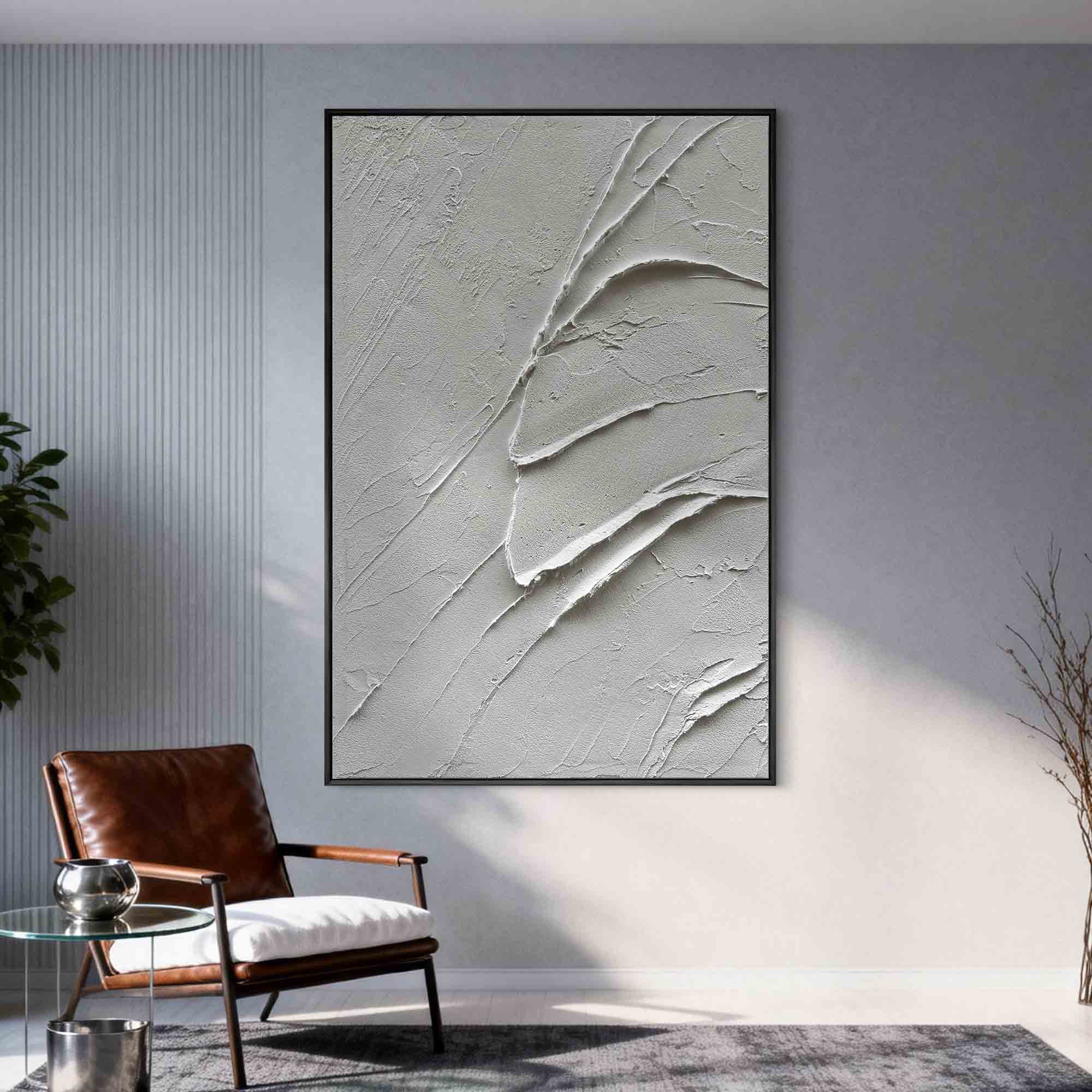 Fractured Calm – Modern White Abstract Relief Minimalist Painting | Modern Minimalist Bedroom & Home Office Art