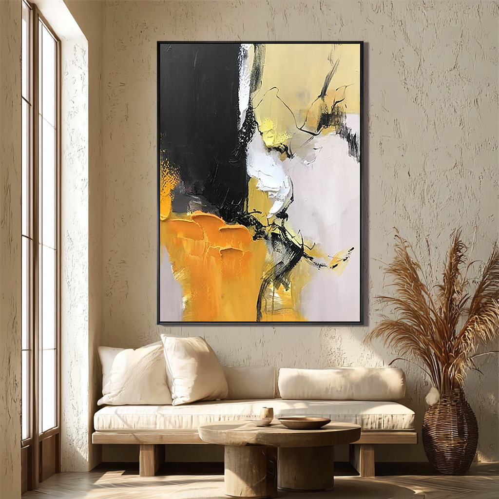 Amber Energy – Hand-Painted Bold Yellow and Black Palette Knife Abstract Painting | Bold Abstract Palette Knife Living Room Art
