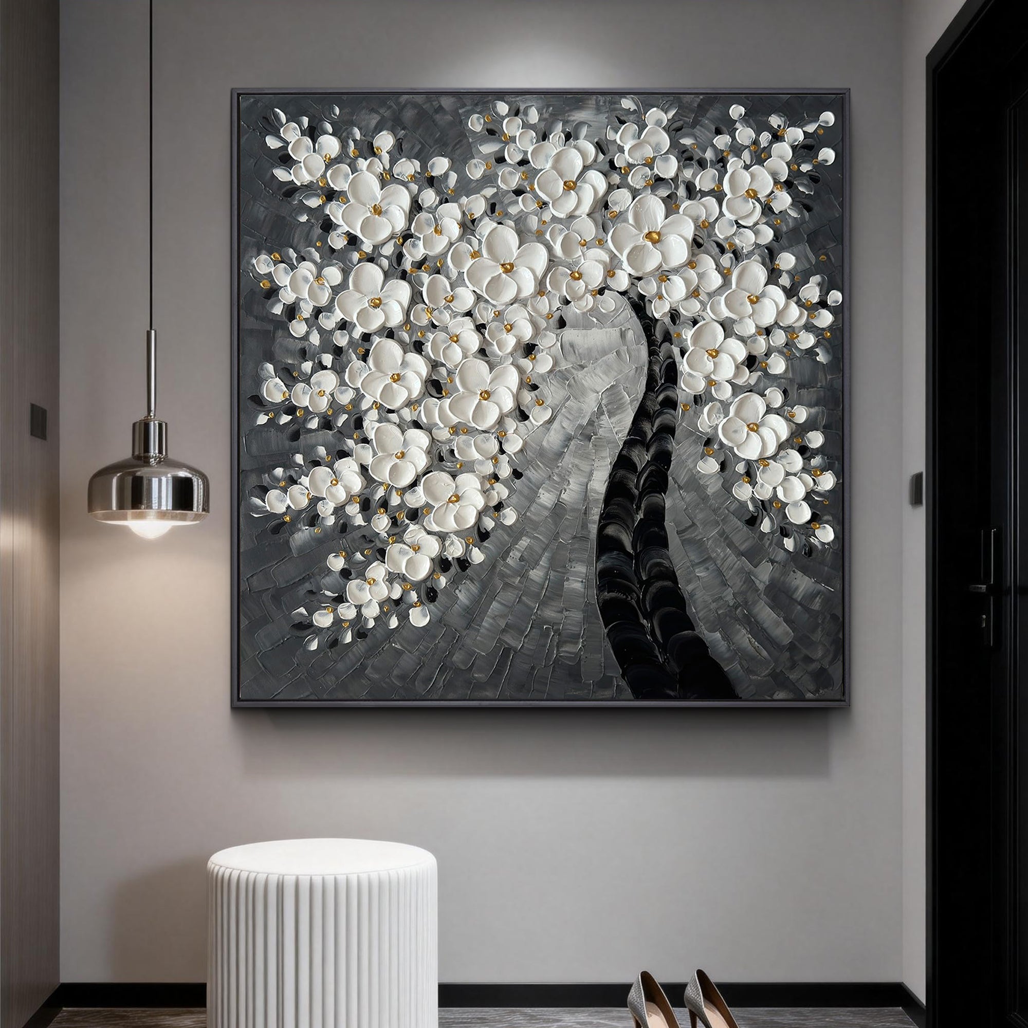 Noir Blossom – Modern Black and Grey Tree Relief Floral Painting | Minimalist Botanical Bedroom & Living Room Art