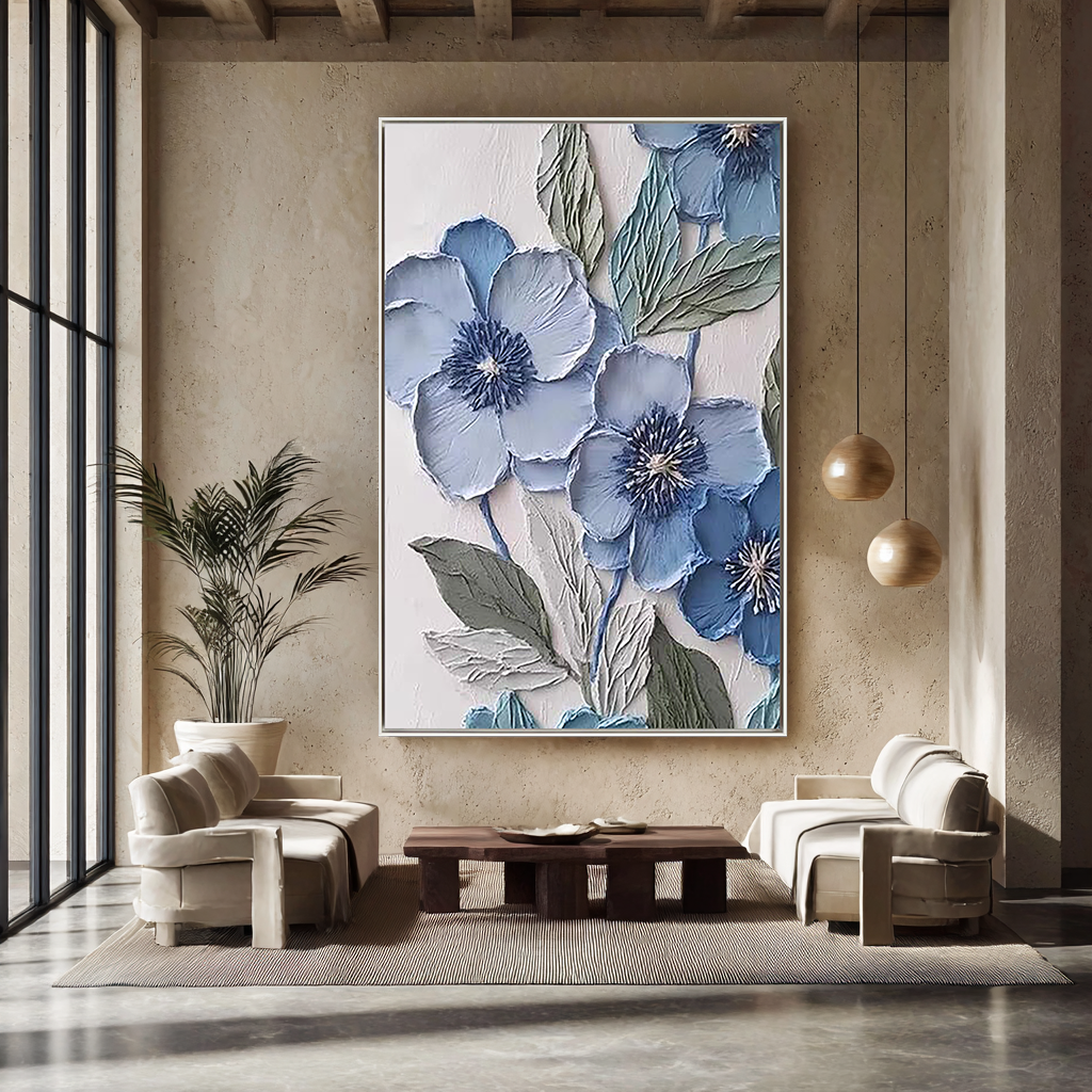Dusty Blue – Hand-Painted Grey Blue and Slate 3D Relief Plaster Effect Floral Painting | Contemporary Botanical Bedroom & Living Room Art