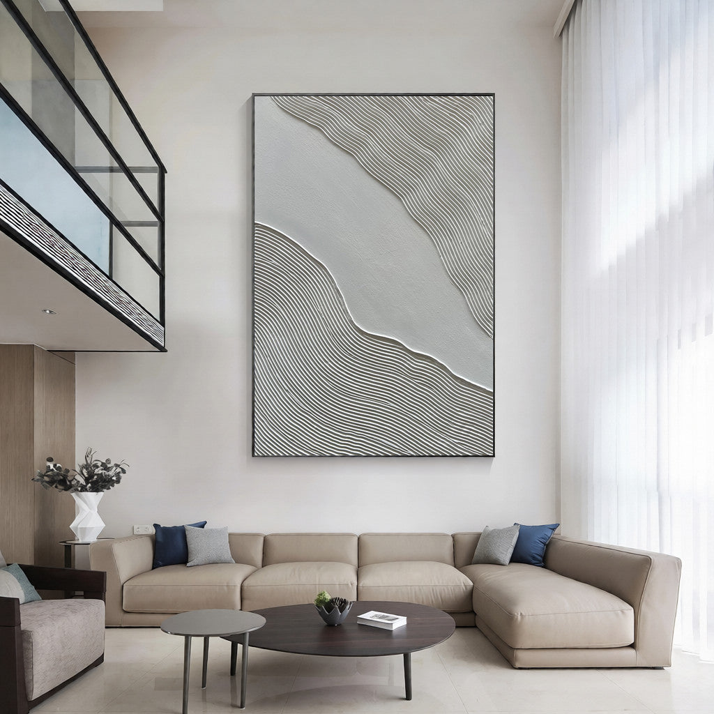 Silent Ripples – Wabi-sabi Linear Texture Painting | Minimalist Grey 3D Relief Hallway Art