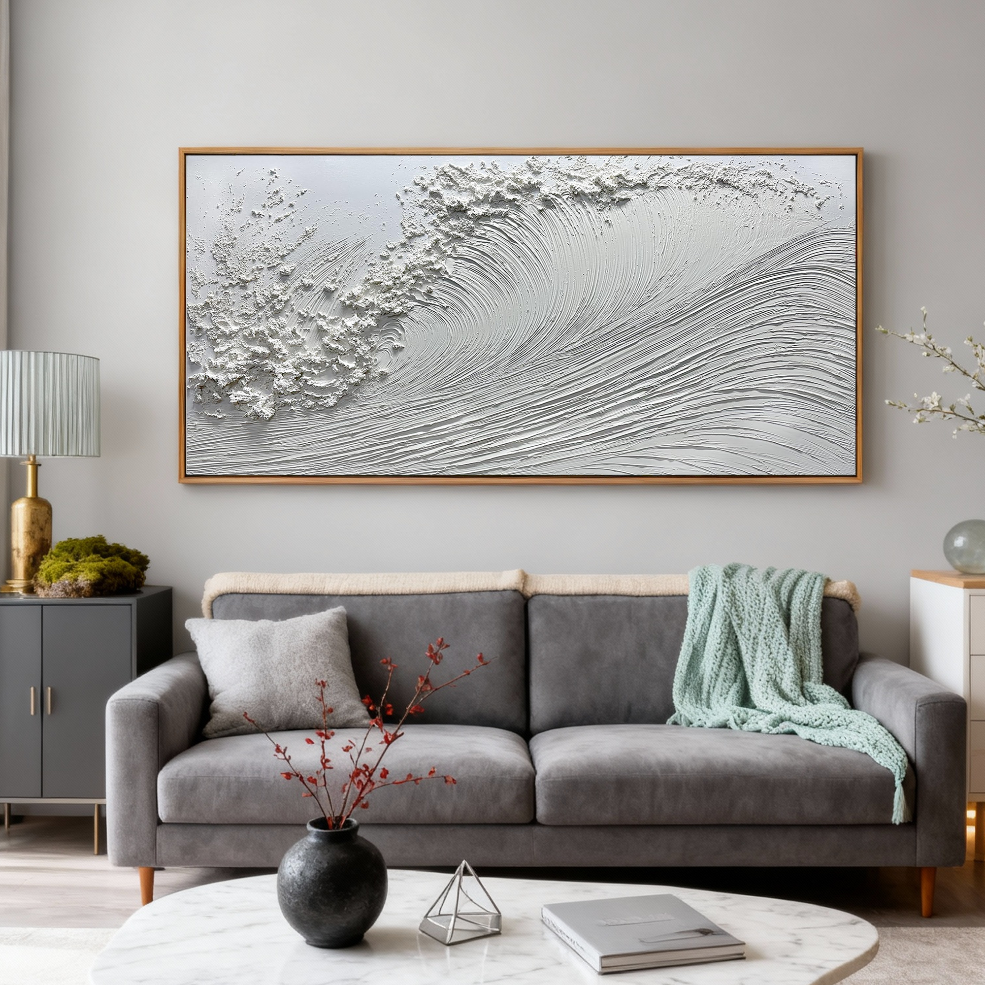 WHITE CREST: Panoramic 3D Plaster Texture Wave Wall Art, Modern Ocean Relief Painting
