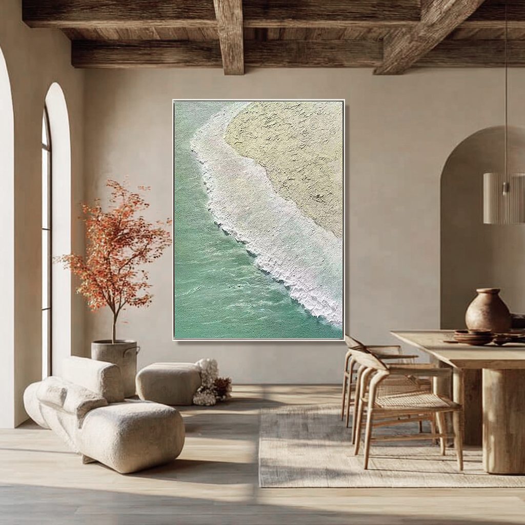Coastal Rhythm – Hand-Painted Mint Green Sea Foam Aerial View 3D Plaster Effect Nature Painting | Contemporary Landscape Living Room & Dining Room Art