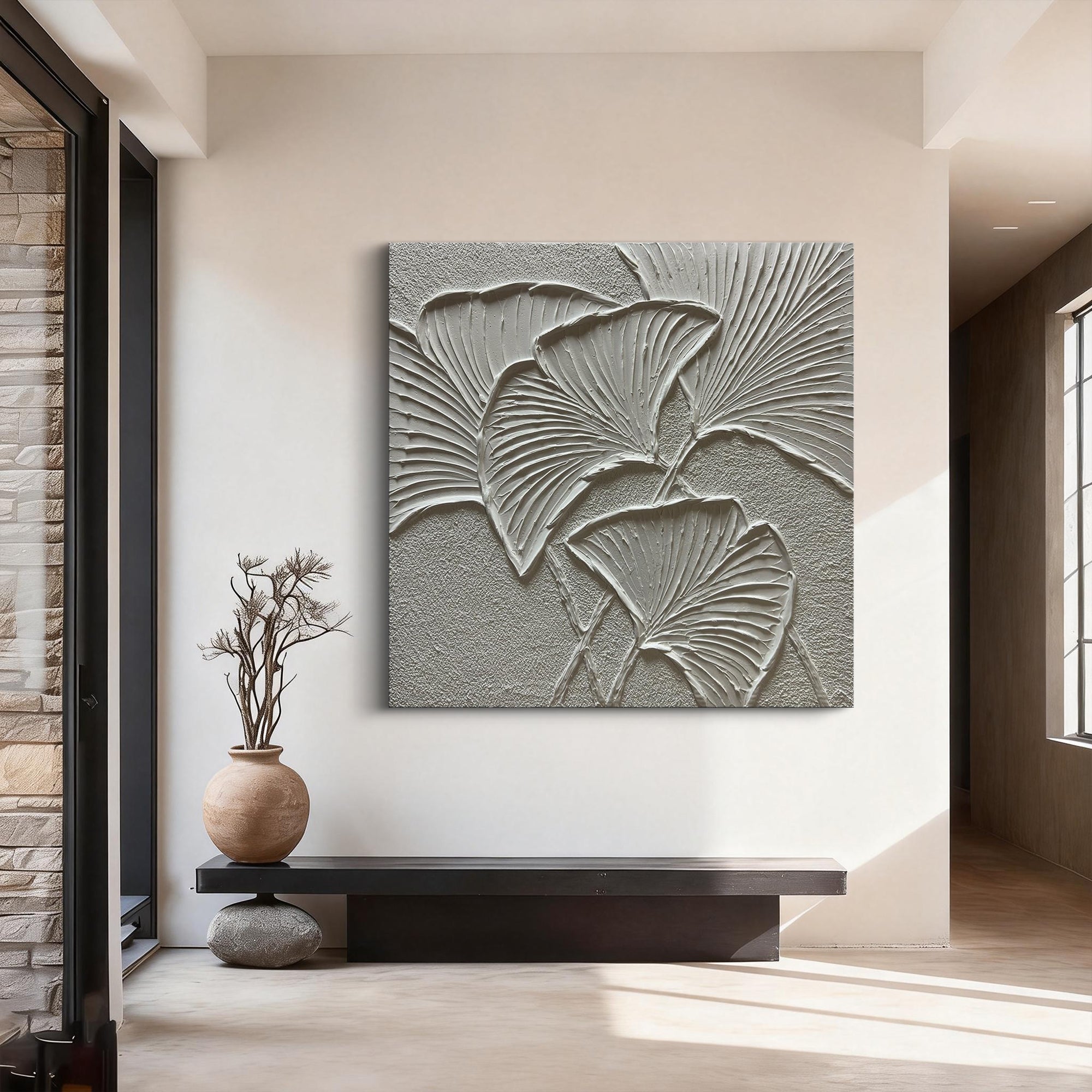 Ginkgo Whisper – Modern Minimalist Ginkgo Leaf Textured Painting | Wabi-Sabi Sculptural Hallway Art