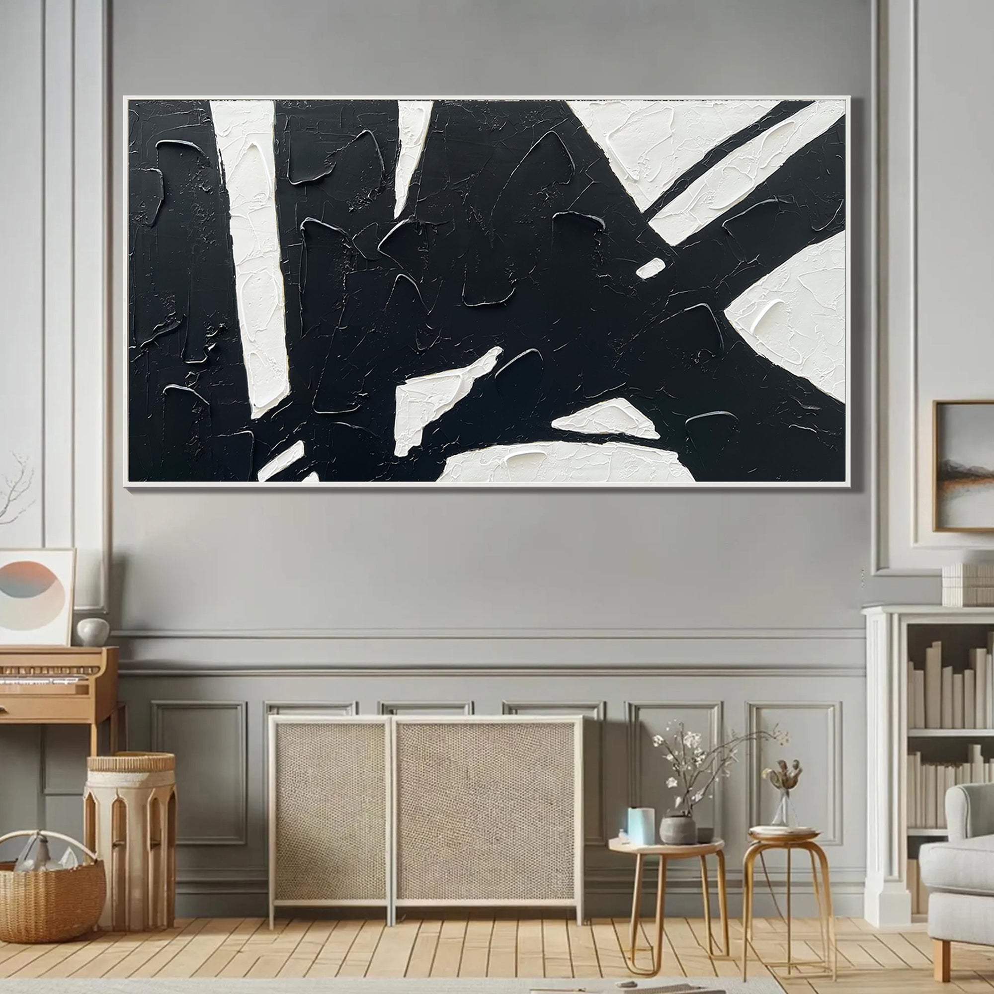 Urban Mono – Bold Black and White Abstract Painting | Heavy Texture Minimalist Living Room Decor