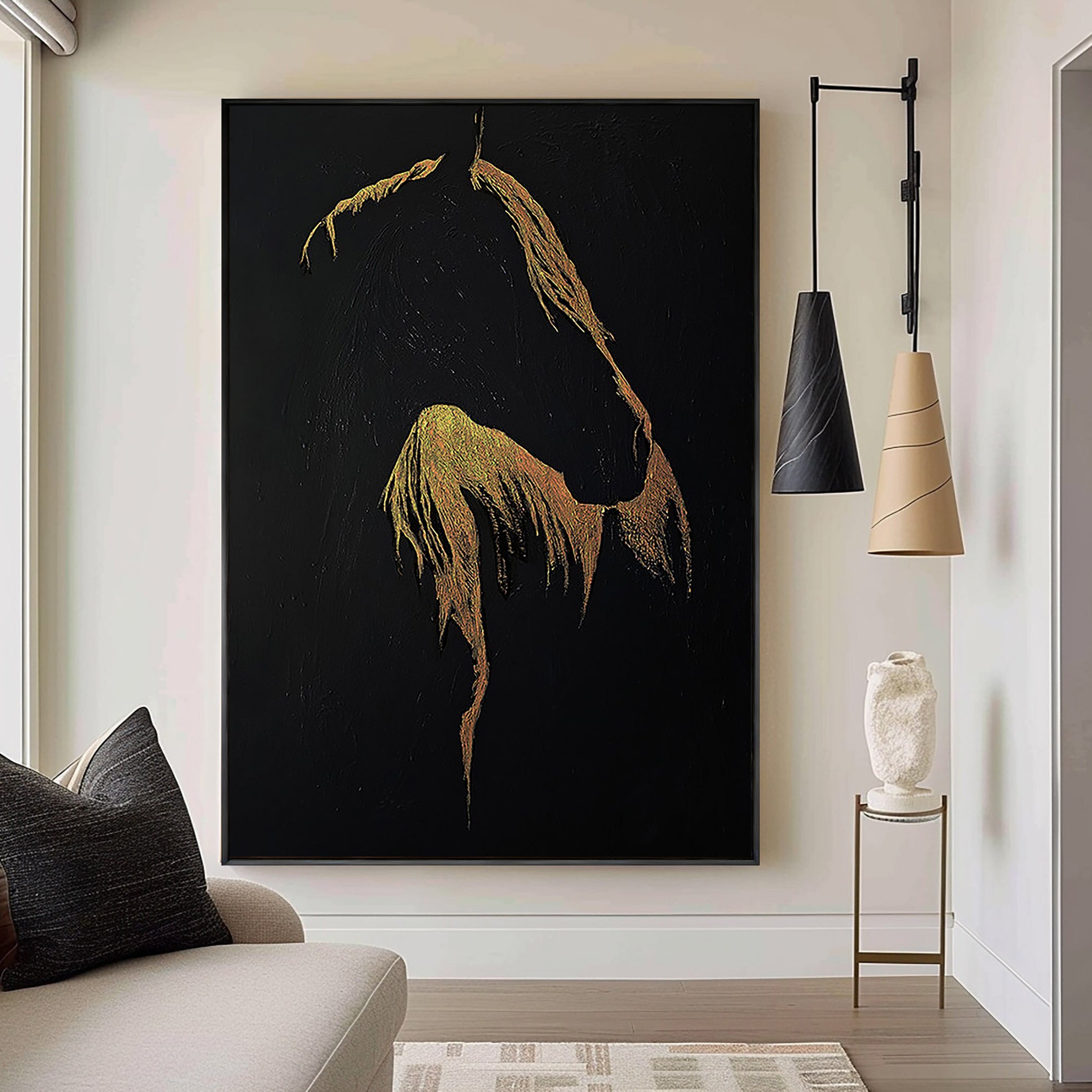 Golden Silhouette – Luxury Black and Gold Horse Painting | Minimalist Textured Animal Living Room Art