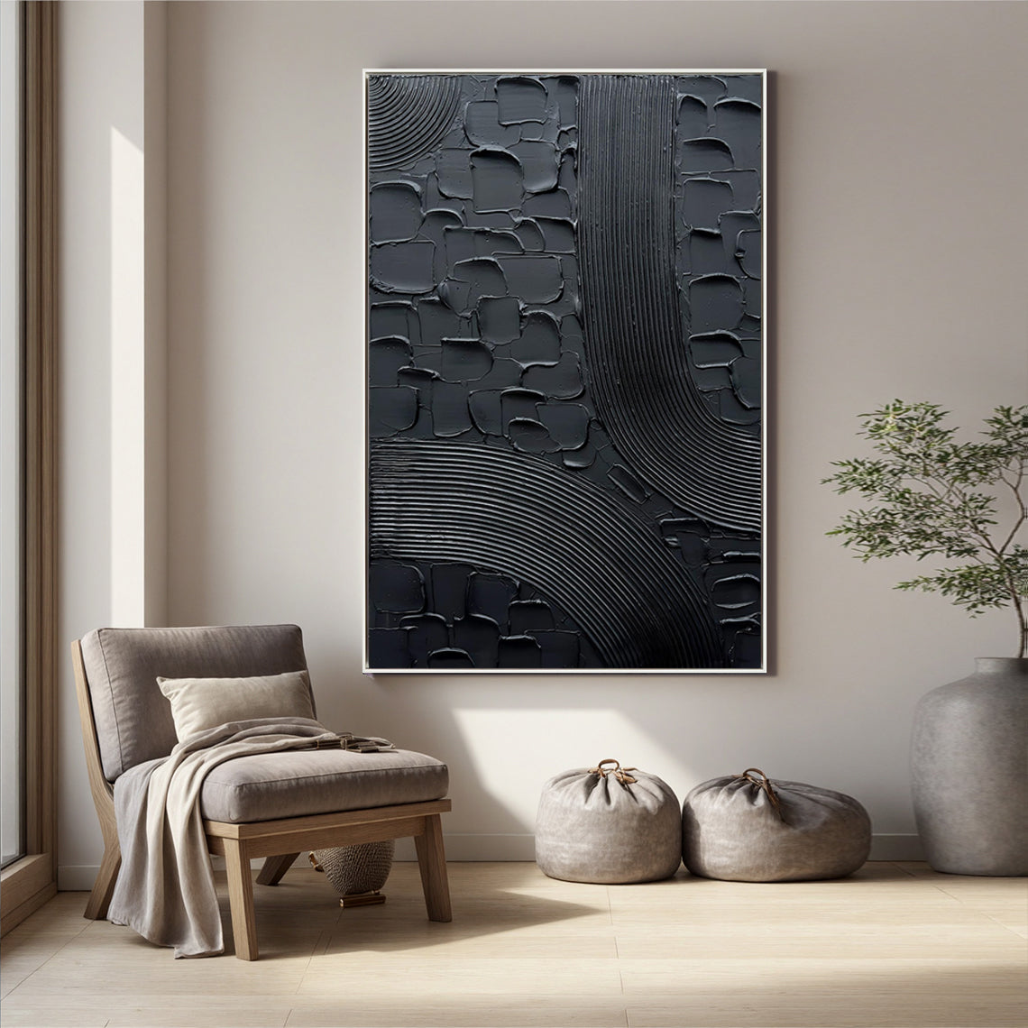 Midnight Mesh – Modern All-Black Plaster Relief Canvas Texture Painting | Modern Industrial Plaster Home Office & Living Room Art