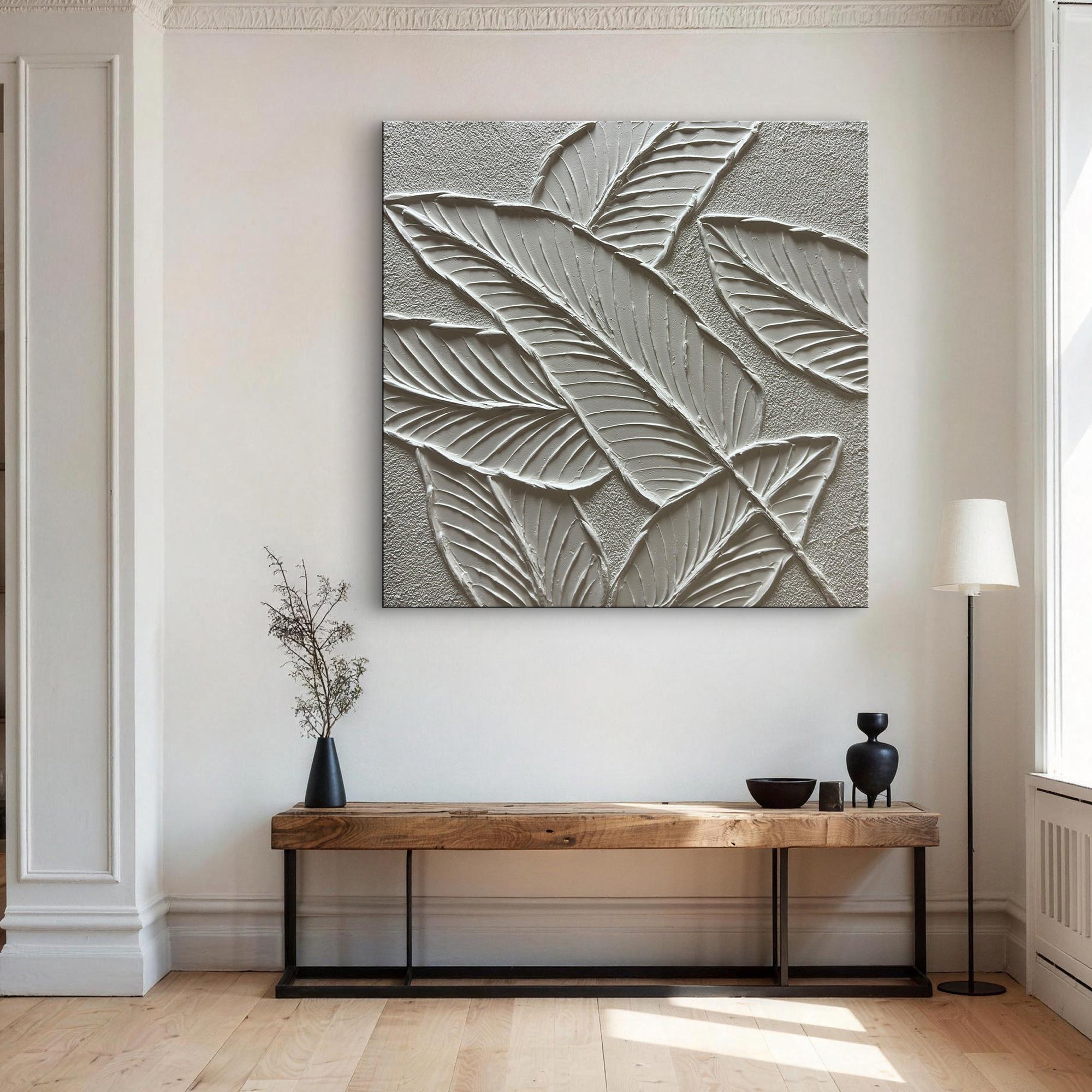 Tropical Repose – White Plaster Foliage Relief Texture Painting | Contemporary Botanical Bedroom & Living Room Art